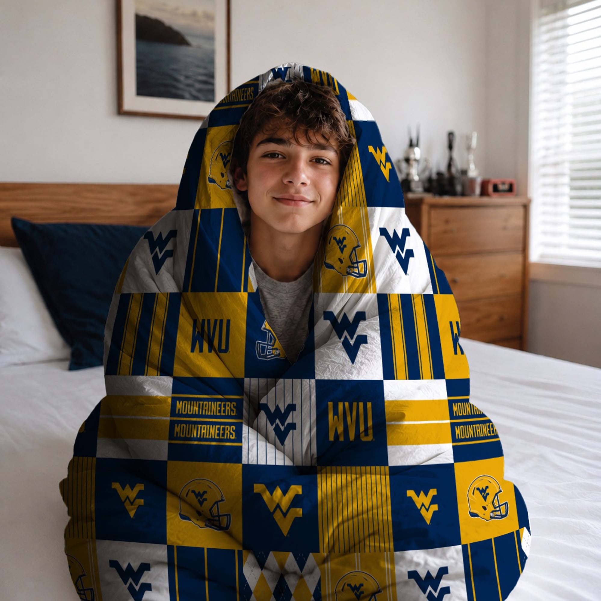Ensemble de literie trois pièces Pegasus West Virginia Mountaineers Patchwork Plaid pour lit double/queen