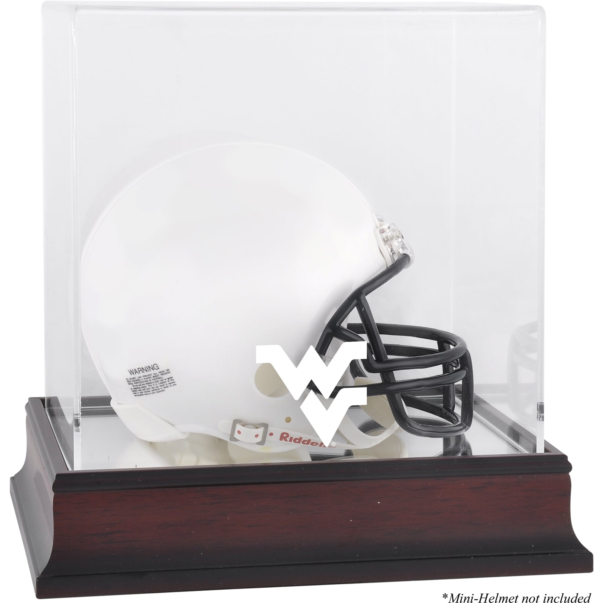 Vitrine pour mini-casque des West Virginia Mountaineers, logo acajou, avec fond miroir.
