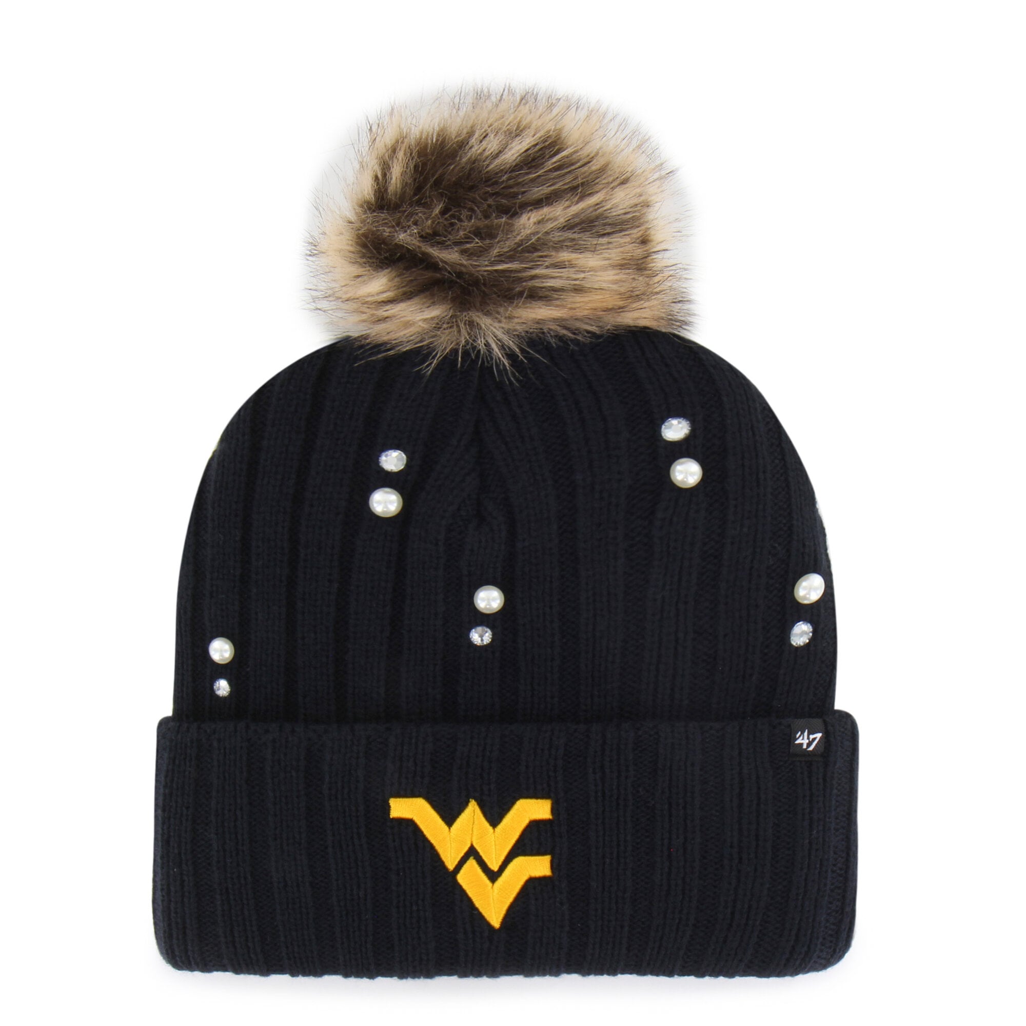 Bonnet en maille de fourrure nacrée « 47 Navy West Virginia Mountaineers » pour femme, avec pompon