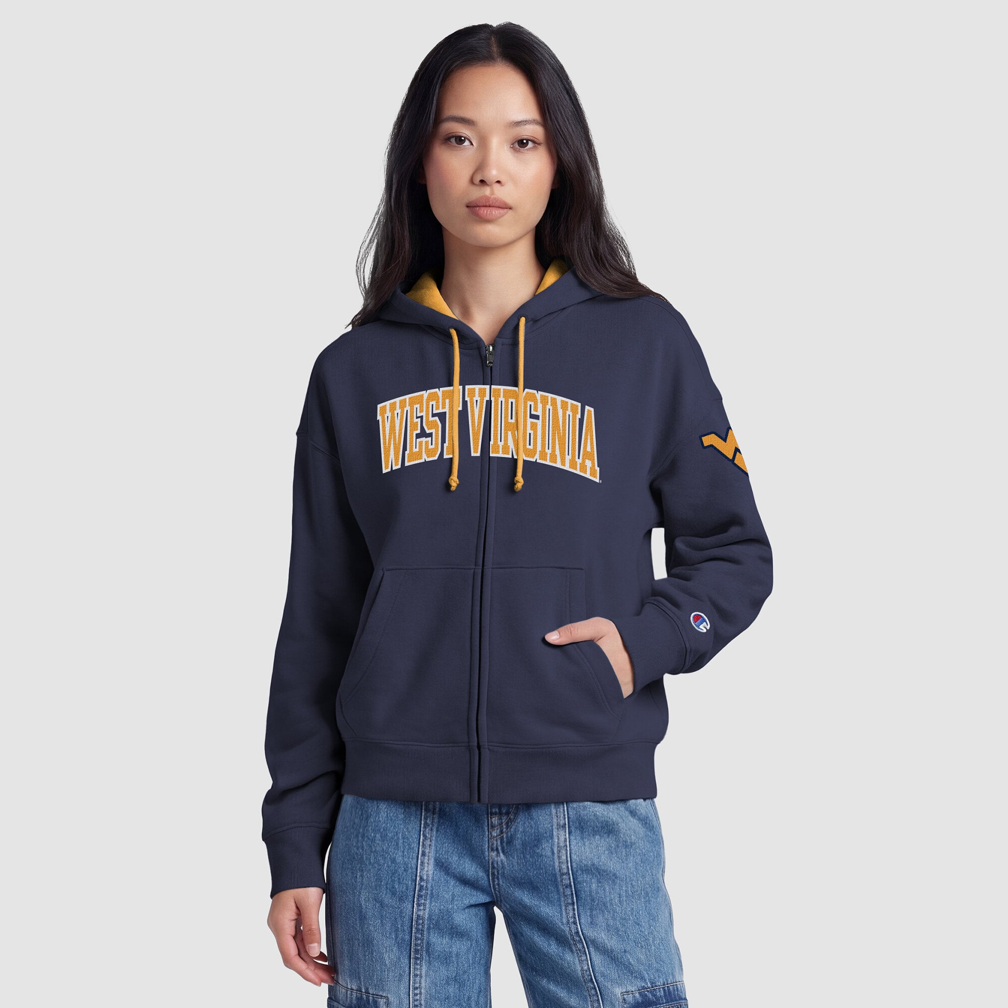 Sweat à capuche zippé en polaire Champion bleu marine West Virginia Mountaineers Arch pour femme