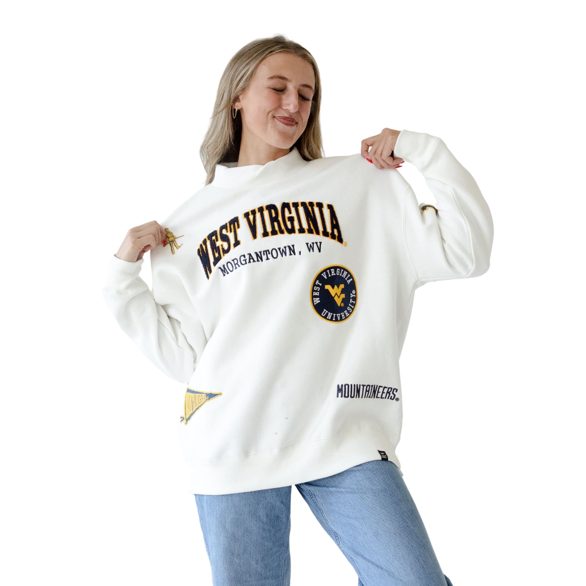 Sweat-shirt à col montant blanc écusson des Mountaineers de Virginie-Occidentale pour femmes, édition spéciale jours match