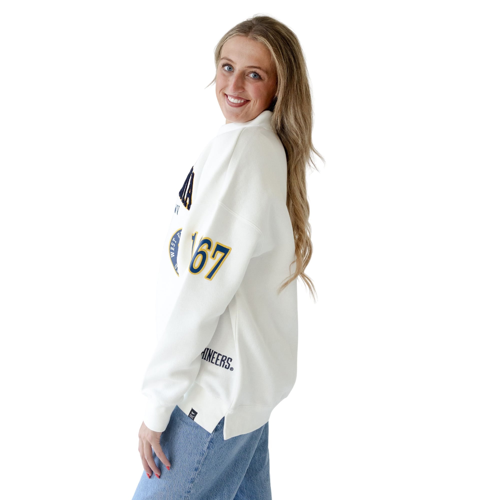 Sweat-shirt à col montant blanc écusson des Mountaineers de Virginie-Occidentale pour femmes, édition spéciale jours match