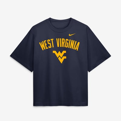 T-shirt Nike West Virginia Mountaineers pour femme, coupe carrée, logo Arch, bleu marine