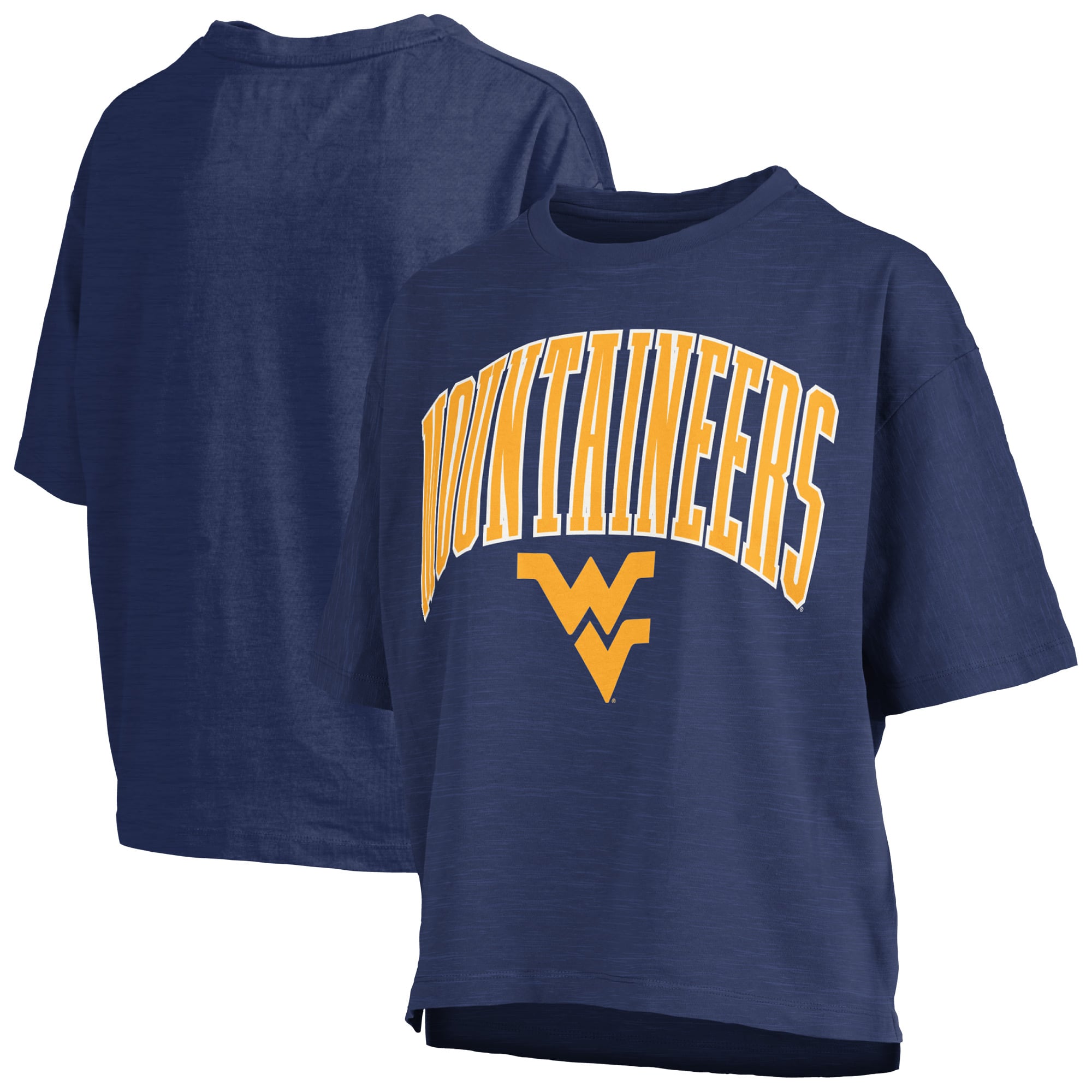 T-shirt oversize Pressbox Navy West Virginia Mountaineers pour femme, logo Nelson Arch Over, en tissu flammé.