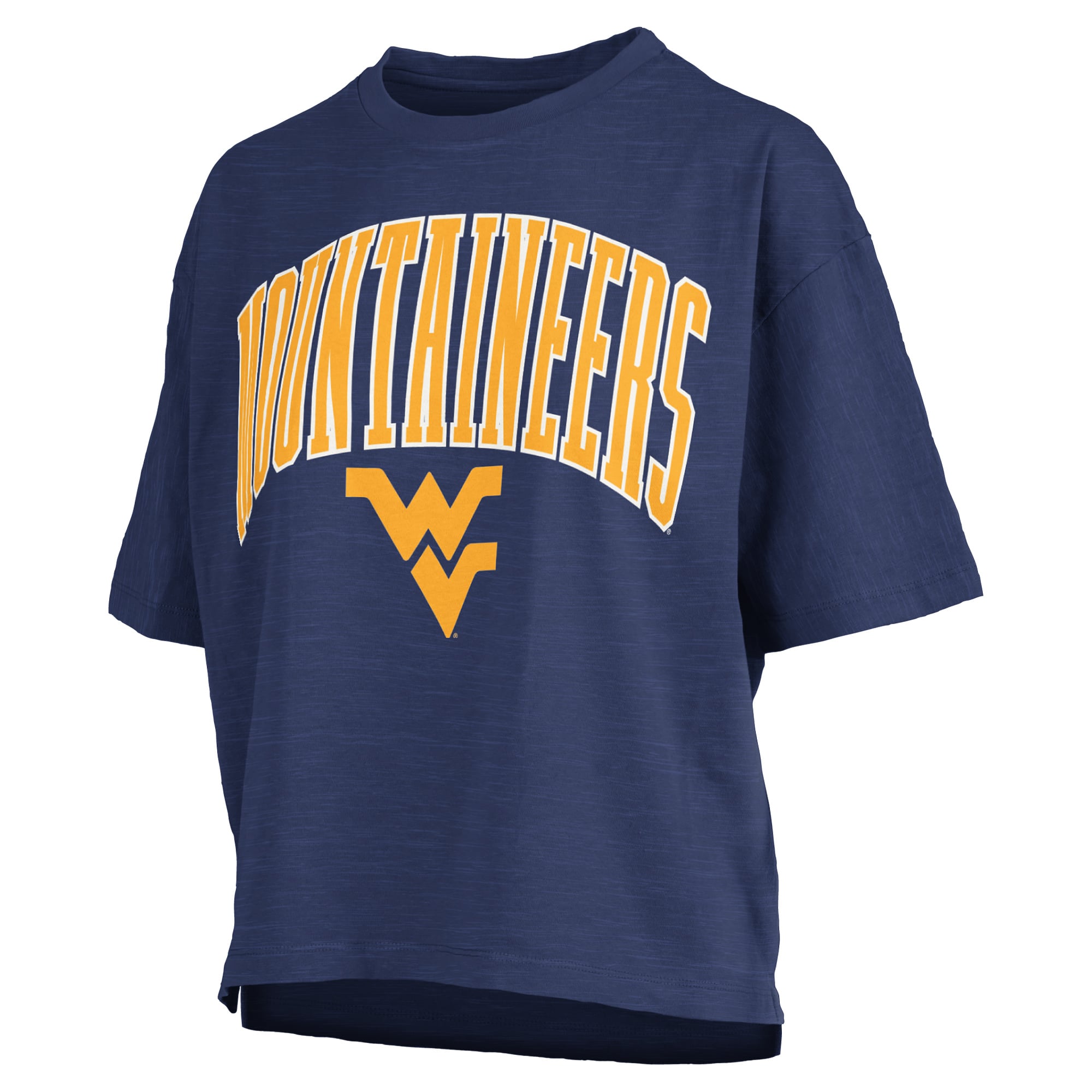 T-shirt oversize Pressbox Navy West Virginia Mountaineers pour femme, logo Nelson Arch Over, en tissu flammé.