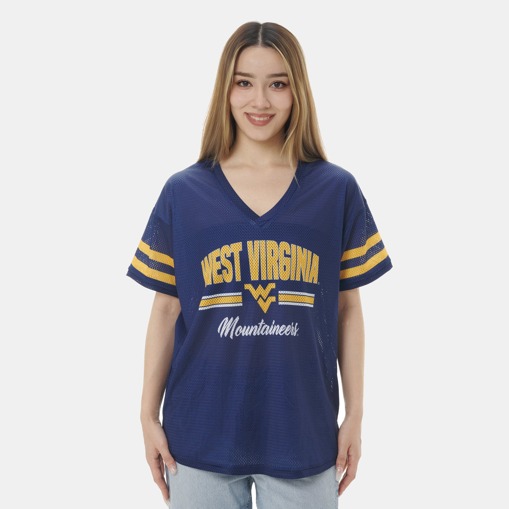 Women's ZooZatz Navy West Virginia Mountaineers Mesh Jersey Kickoff T-Shirt