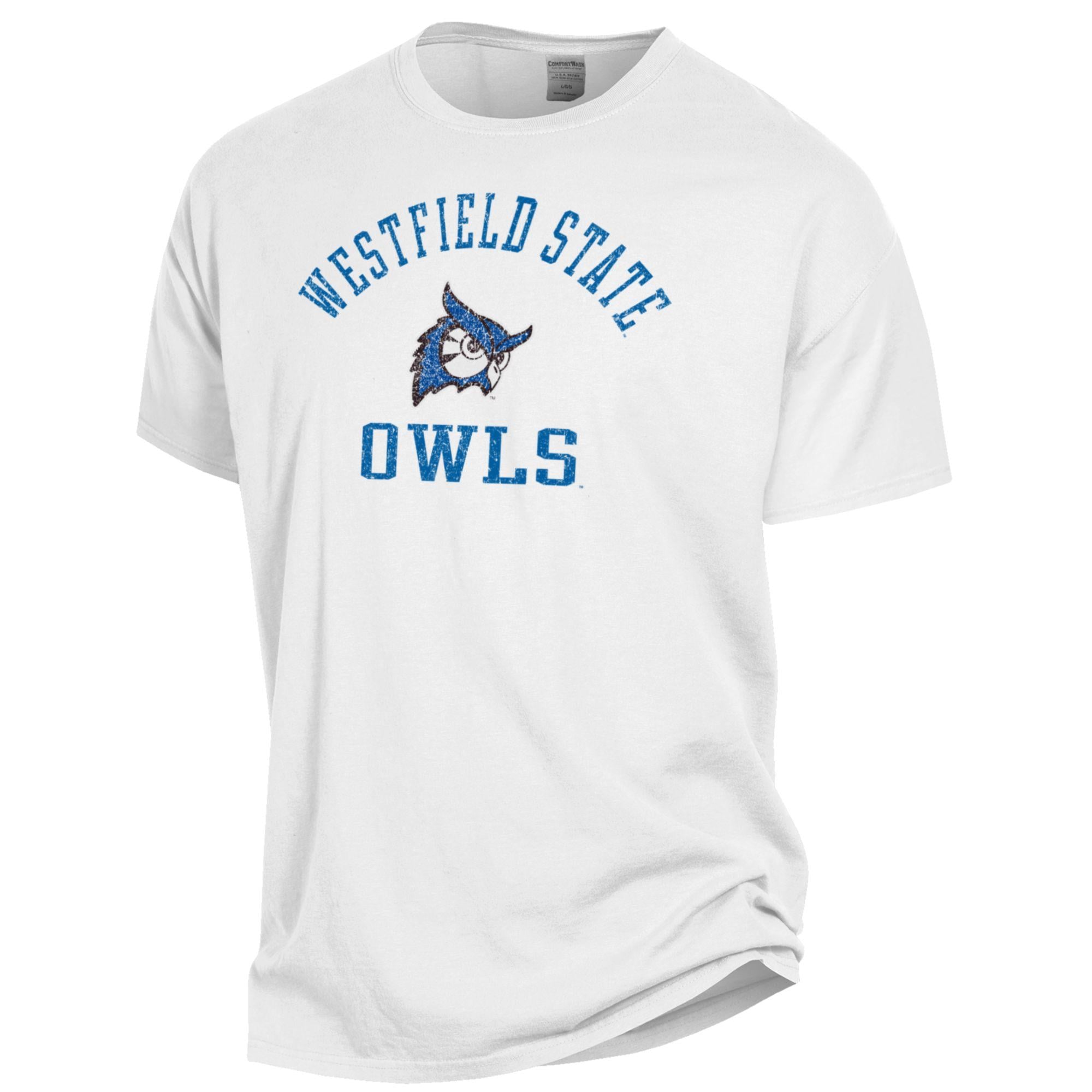T-shirt blanc ComfortWash pour homme avec logo Westfield State Owls Arch, teint en pièce