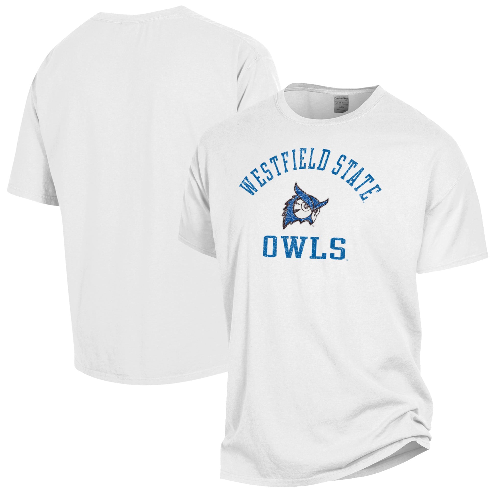 T-shirt blanc ComfortWash pour homme avec logo Westfield State Owls Arch, teint en pièce