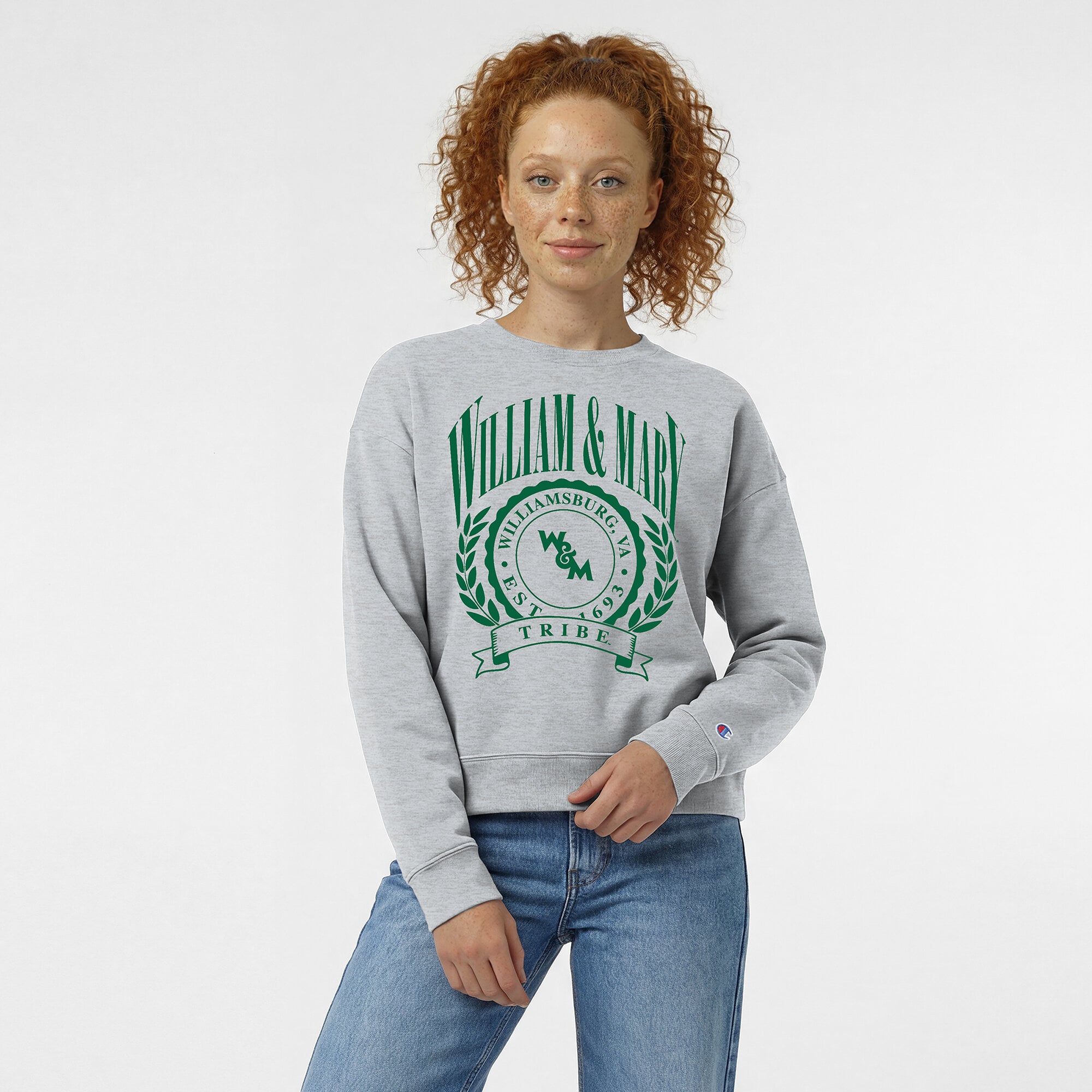 Women's Champion  Heather Gray William & Mary Tribe Academic Crest Powerblend Crewneck Sweatshirt