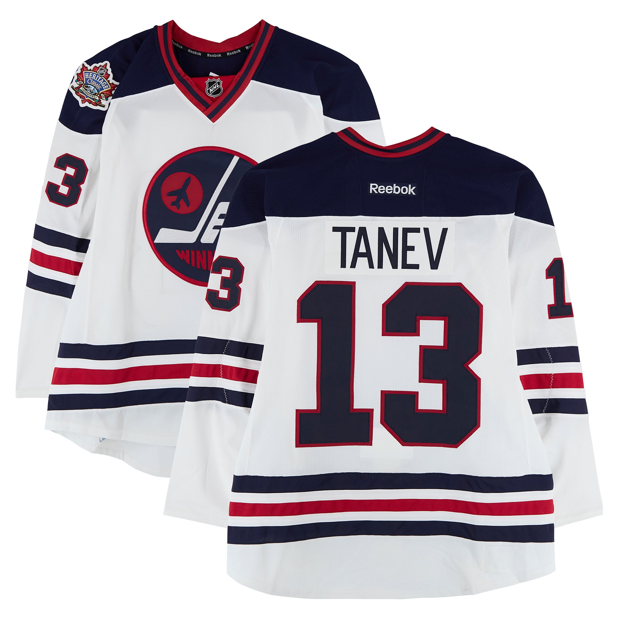 Maillot blanc Reebok n° 13 porté par Brandon Tanev (Winnipeg Jets) lors de l'entraînement contre les Oilers d'Edmonton le 23 octobre 2016 - Classique Héritage de la LNH - Porté pendant l'échauffement