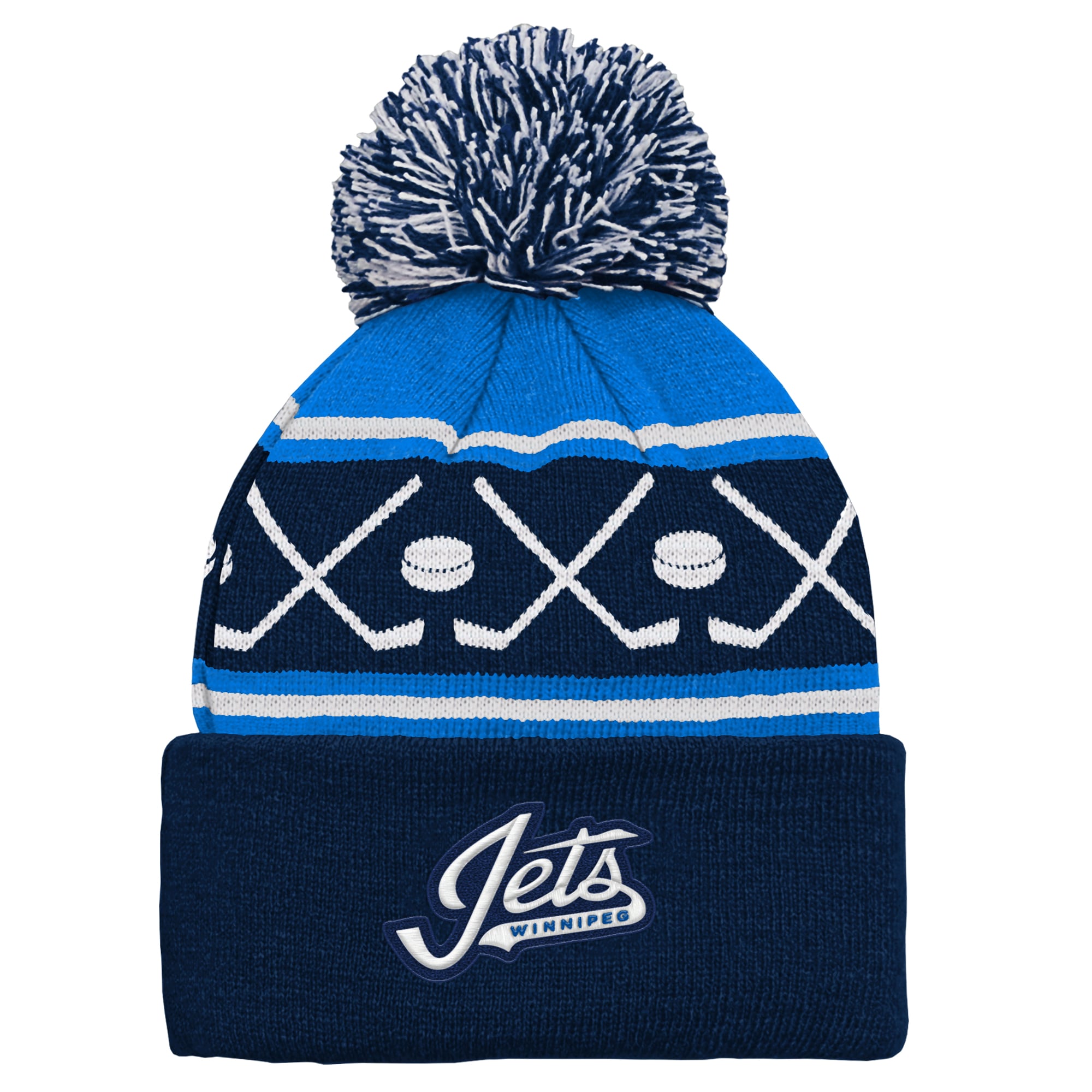 Bonnet à revers bleu marine/bleu Winnipeg Jets Face-Off pour bébé Outerstuff avec pompon