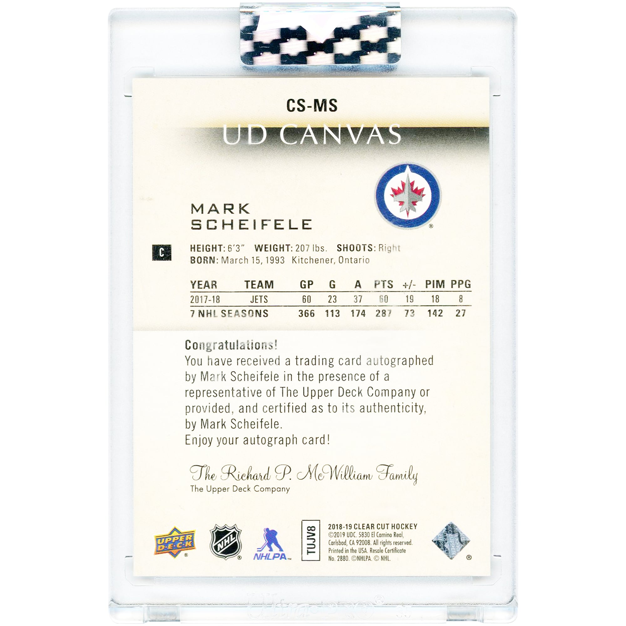 Mark Scheifele Winnipeg Jets Autographed 2018-19 Upper Deck Clear Cut UP Canvas Red Ink #CS-MS #19/55 Card