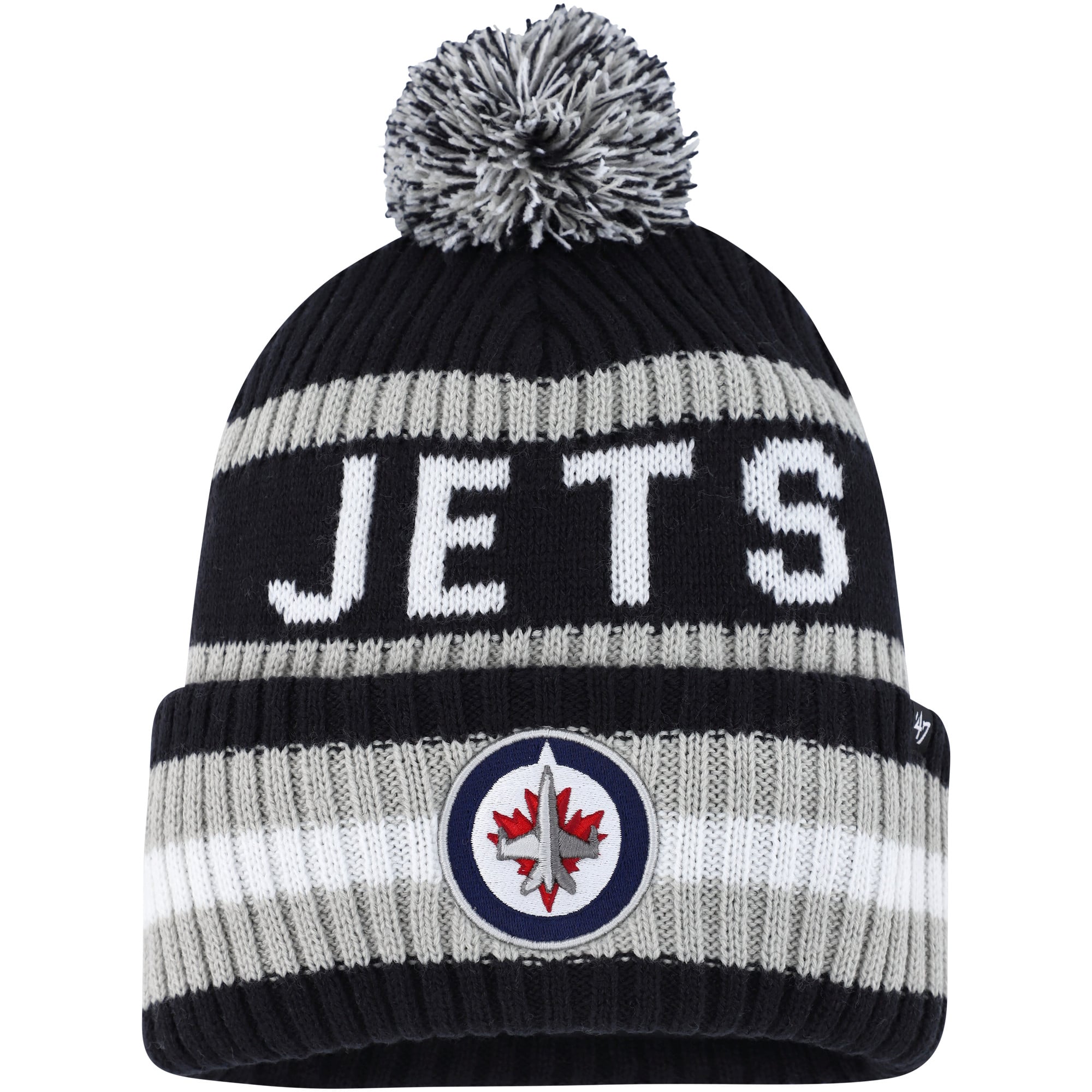 Bonnet à revers Bering pour homme, bleu marine et gris, modèle 47 des Jets de Winnipeg, avec pompon