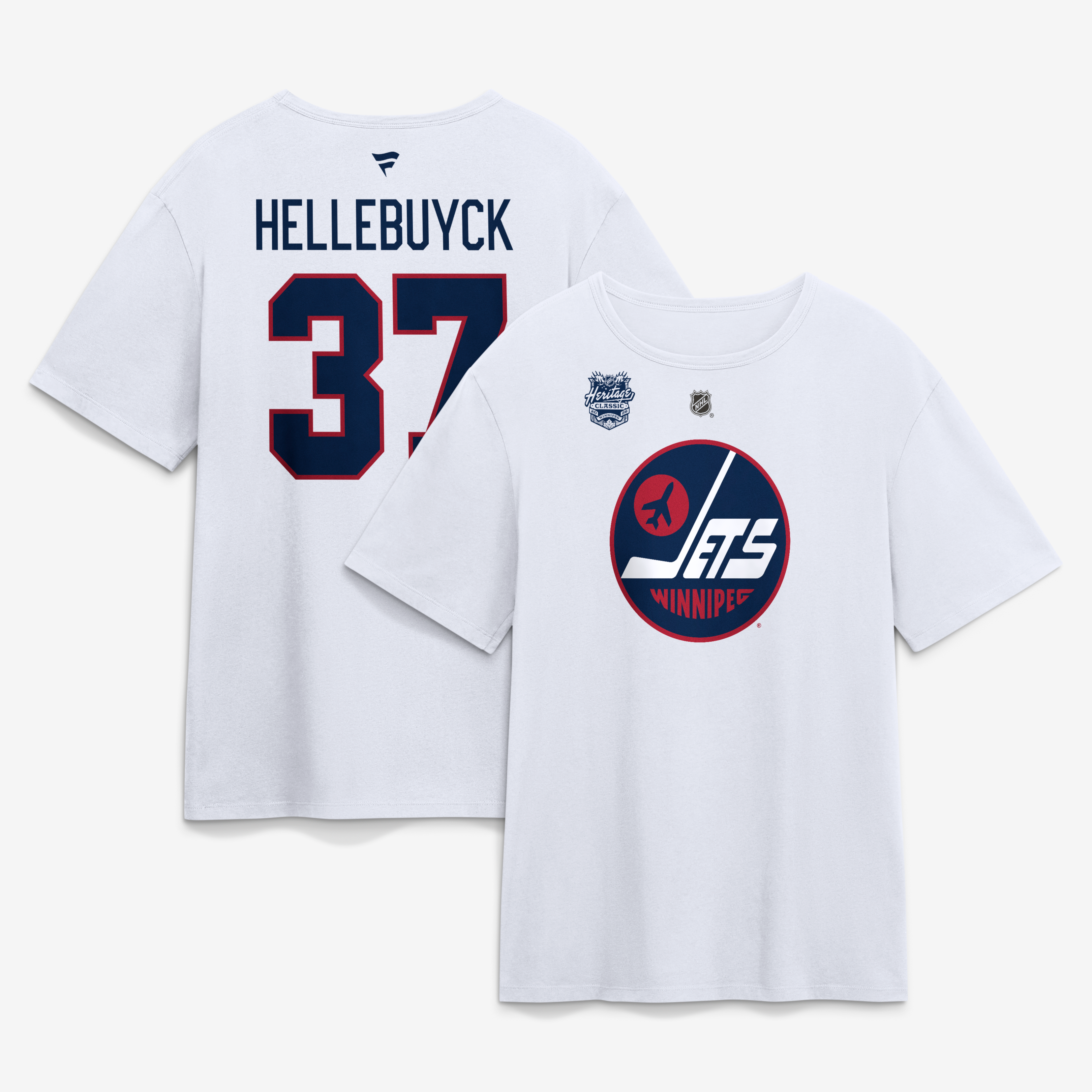 T-shirt Fanatics pour homme, Connor Hellebuyck, blanc, Jets de Winnipeg, Classique Héritage la LNH 2026, nom et numéro