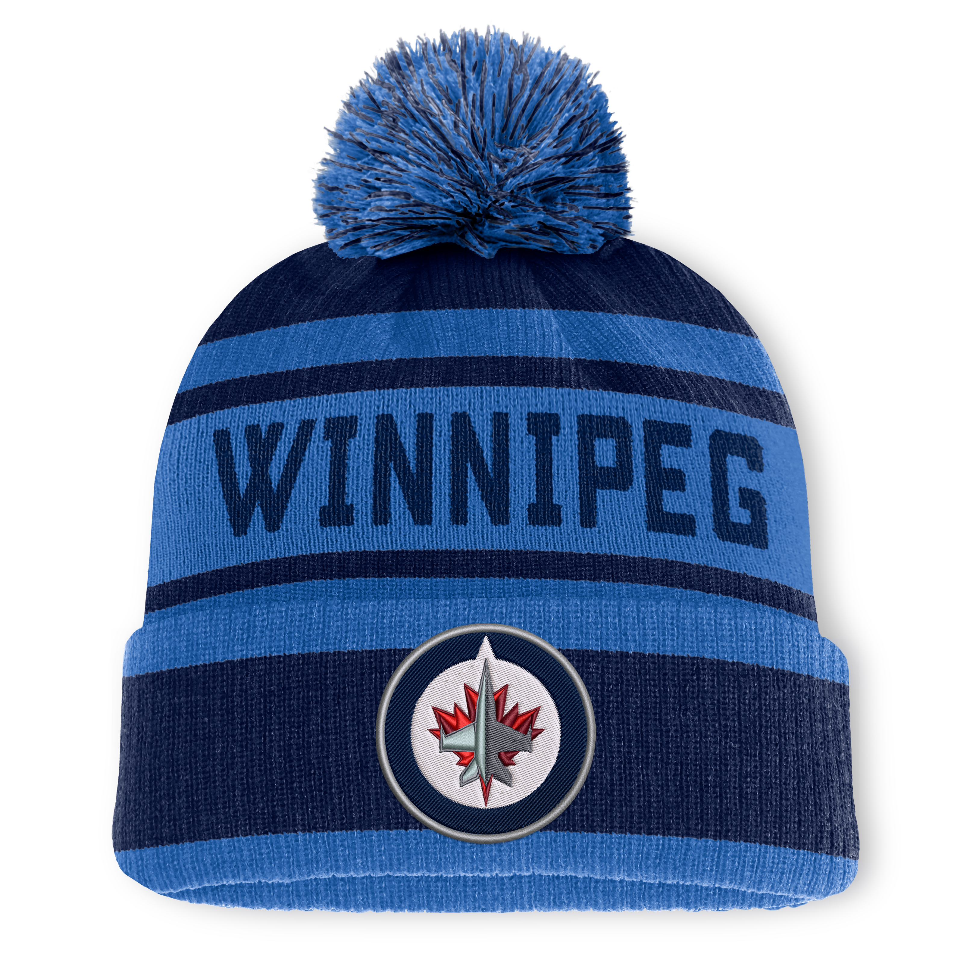 Bonnet à revers bleu marine/bleu des Jets de Winnipeg avec pompon
