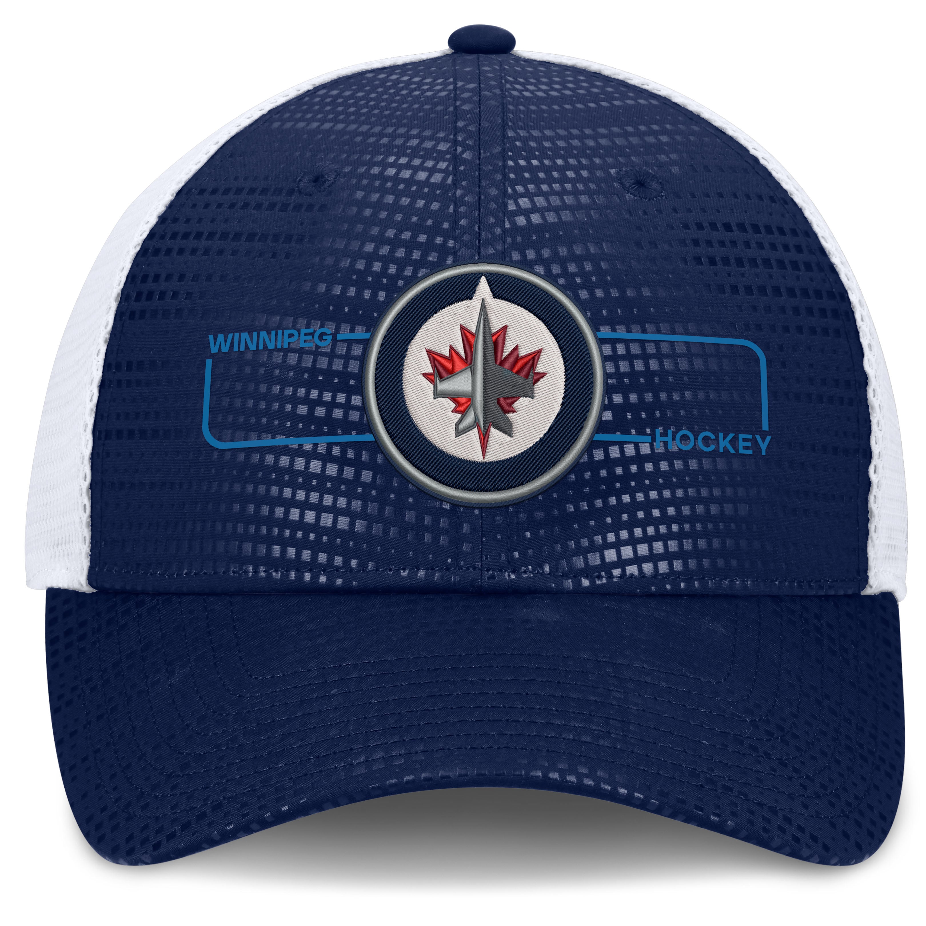 Men's Fanatics Navy/White Winnipeg Jets Authentic Pro Rink Boxed Logo Trucker Hat