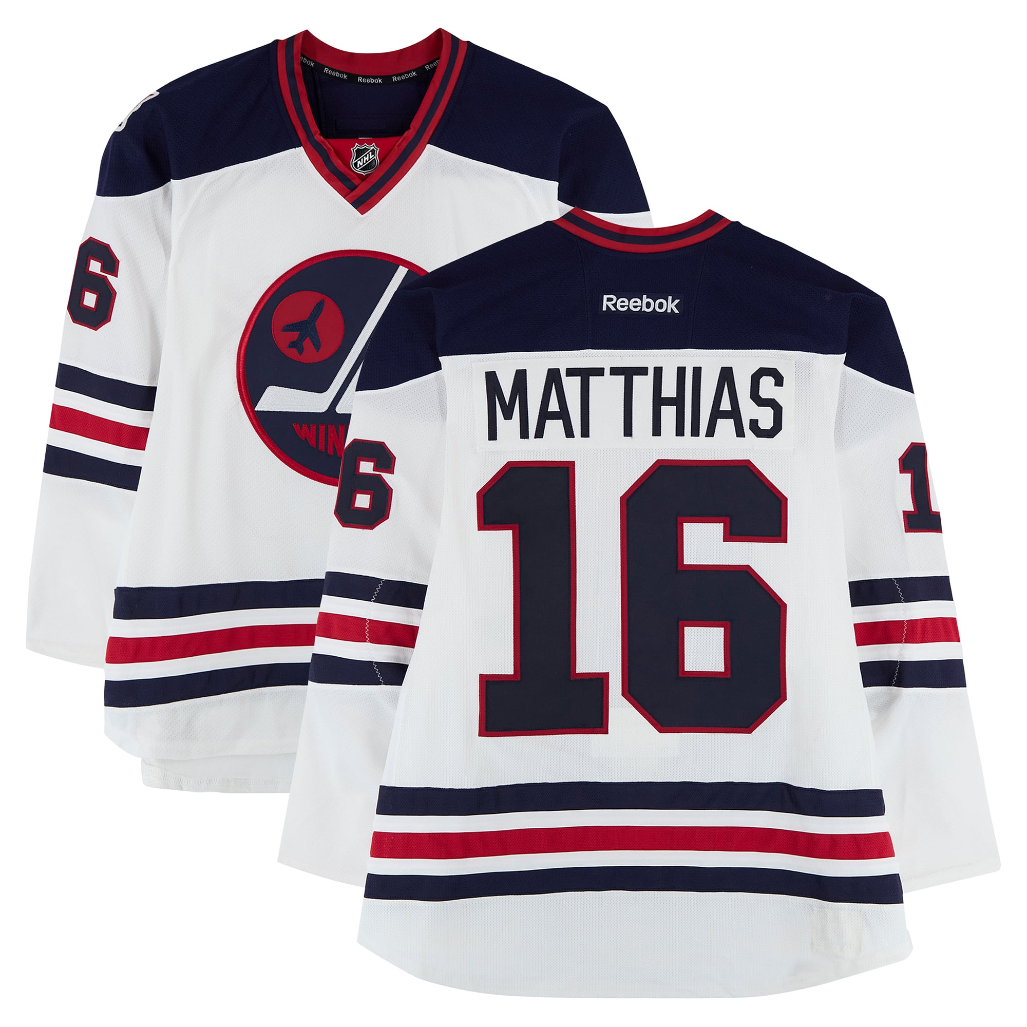 Maillot blanc Reebok n° 16 porté par Shawn Matthias (Winnipeg Jets) lors de l'entraînement contre les Oilers d'Edmonton le 23 octobre 2016 - Classique Héritage de la LNH - Porté pendant l'échauffement