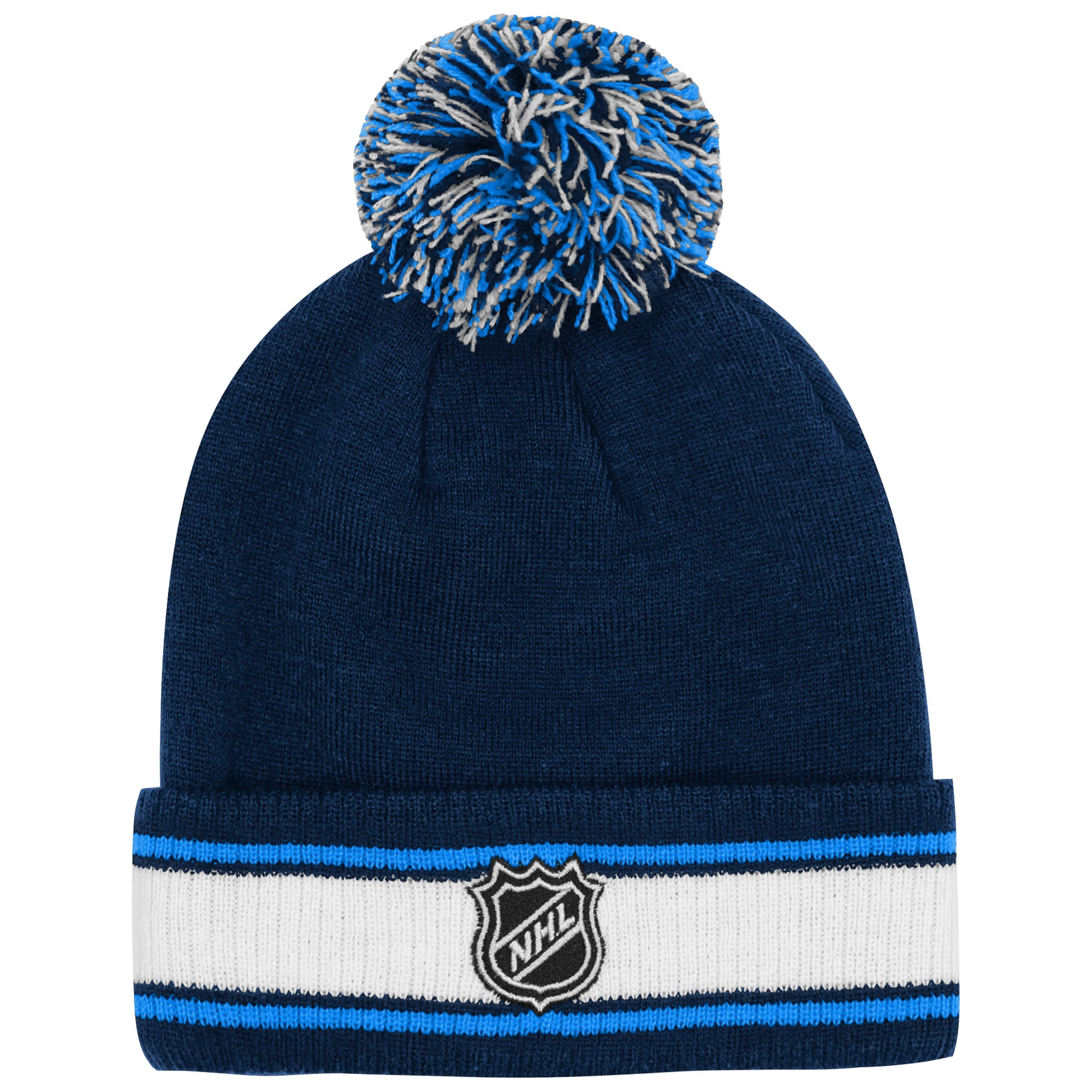Bonnet tricoté authentique à revers avec pompon, bleu marine, des Jets de Winnipeg, de la marque Fanatics, pour jeunes.