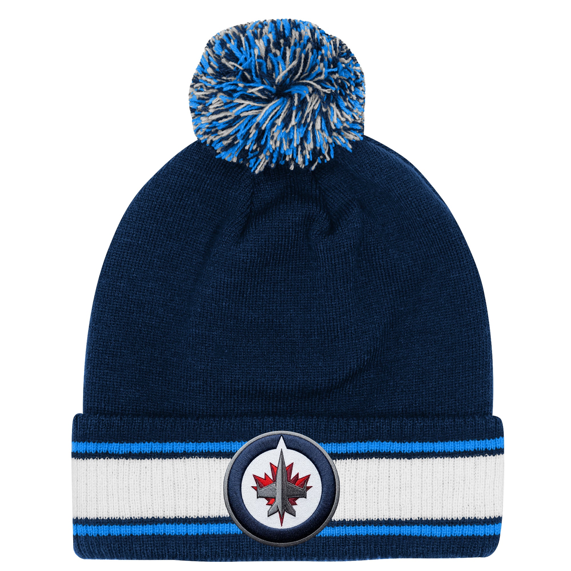 Bonnet tricoté authentique à revers avec pompon, bleu marine, des Jets de Winnipeg, de la marque Fanatics, pour jeunes.