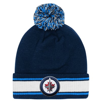 Bonnet tricoté authentique bleu marine à revers avec pompon, modèle Fanatics pour jeunes des Jets de Winnipeg