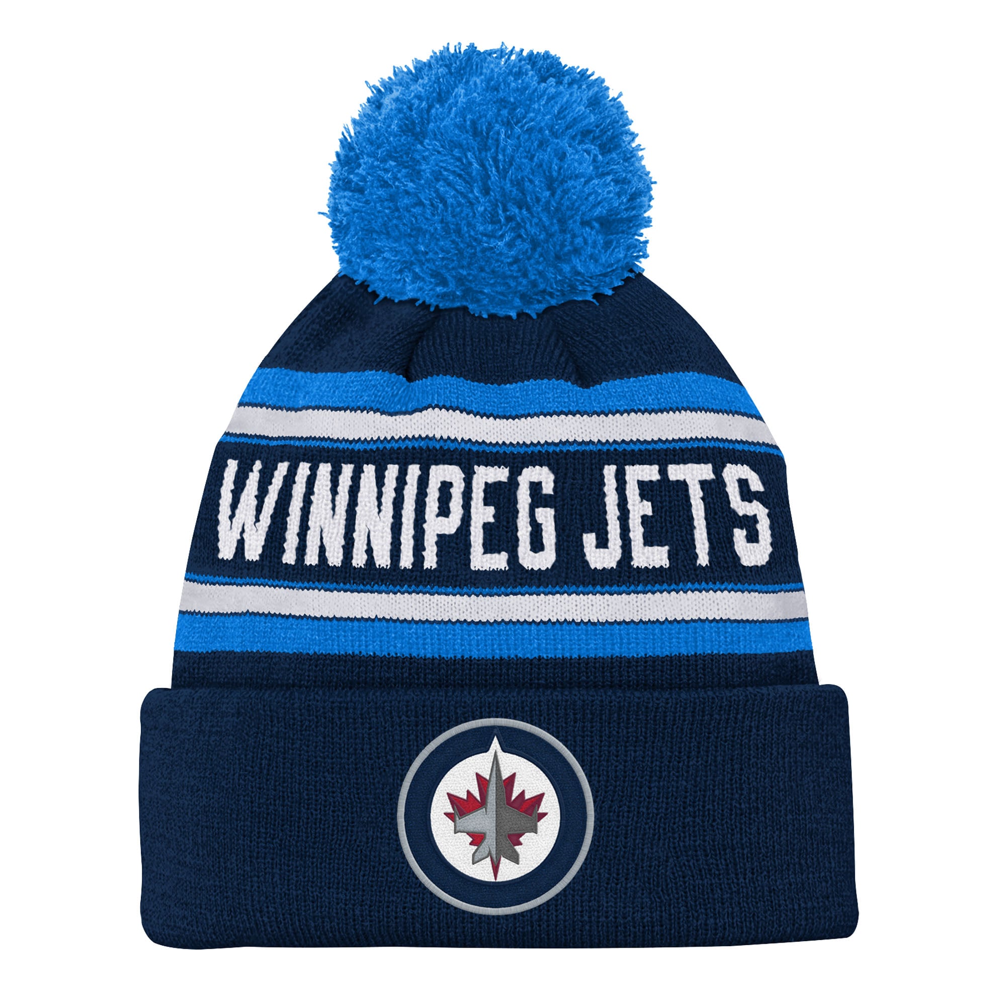 Bonnet en tricot jacquard bleu marine à revers et pompon pour jeunes Outerstuff des Jets de Winnipeg