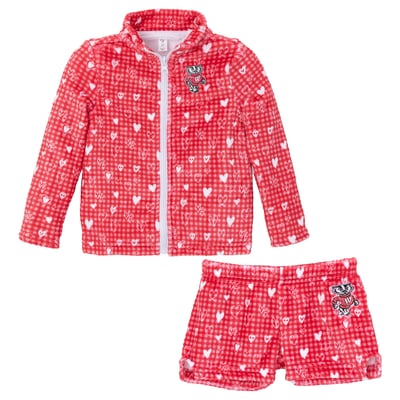 Wisconsin Badgers ZooZatz Girls Toddler Heart Plaid Plush Full-Zip Jacket & Shorts Set - Red