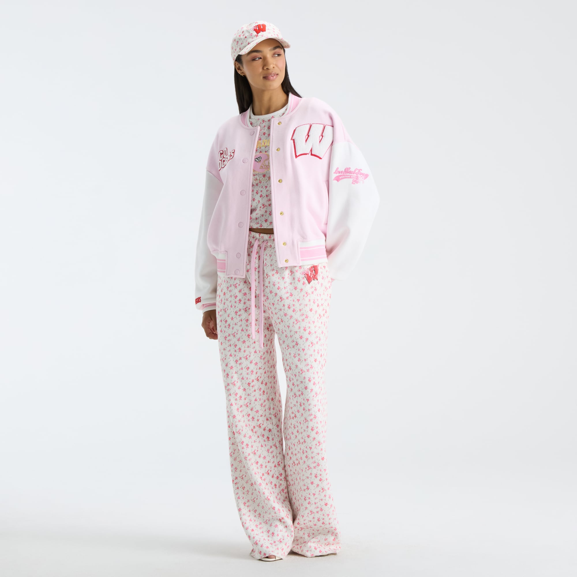 LoveShackFancy Women's Pink Wisconsin Badgers Collegiate Varsity Full-Snap Jacket