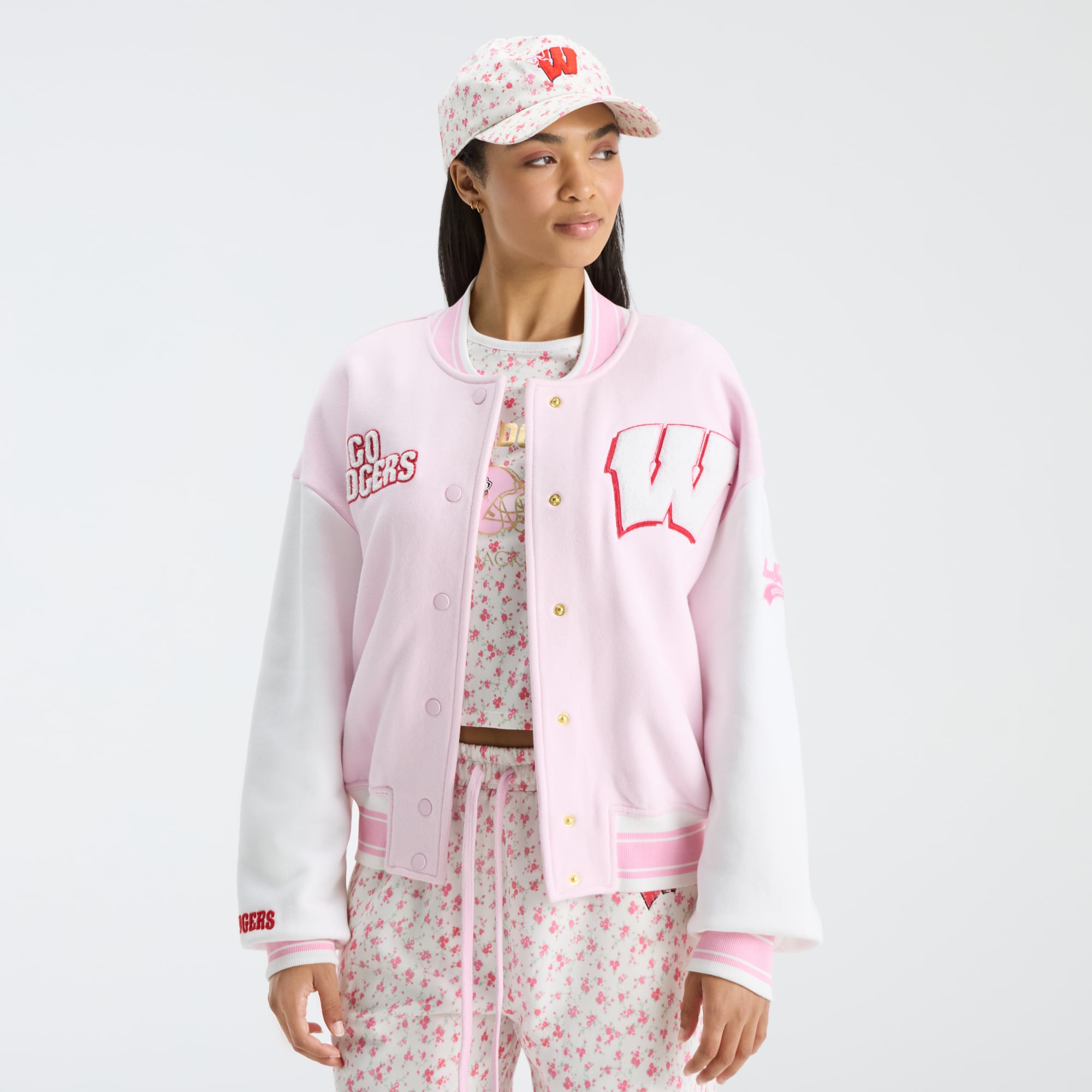 LoveShackFancy Women's Pink Wisconsin Badgers Collegiate Varsity Full-Snap Jacket