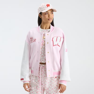 LoveShackFancy Wisconsin Badgers Women's Collegiate Varsity Full-Snap Jacket - Pink