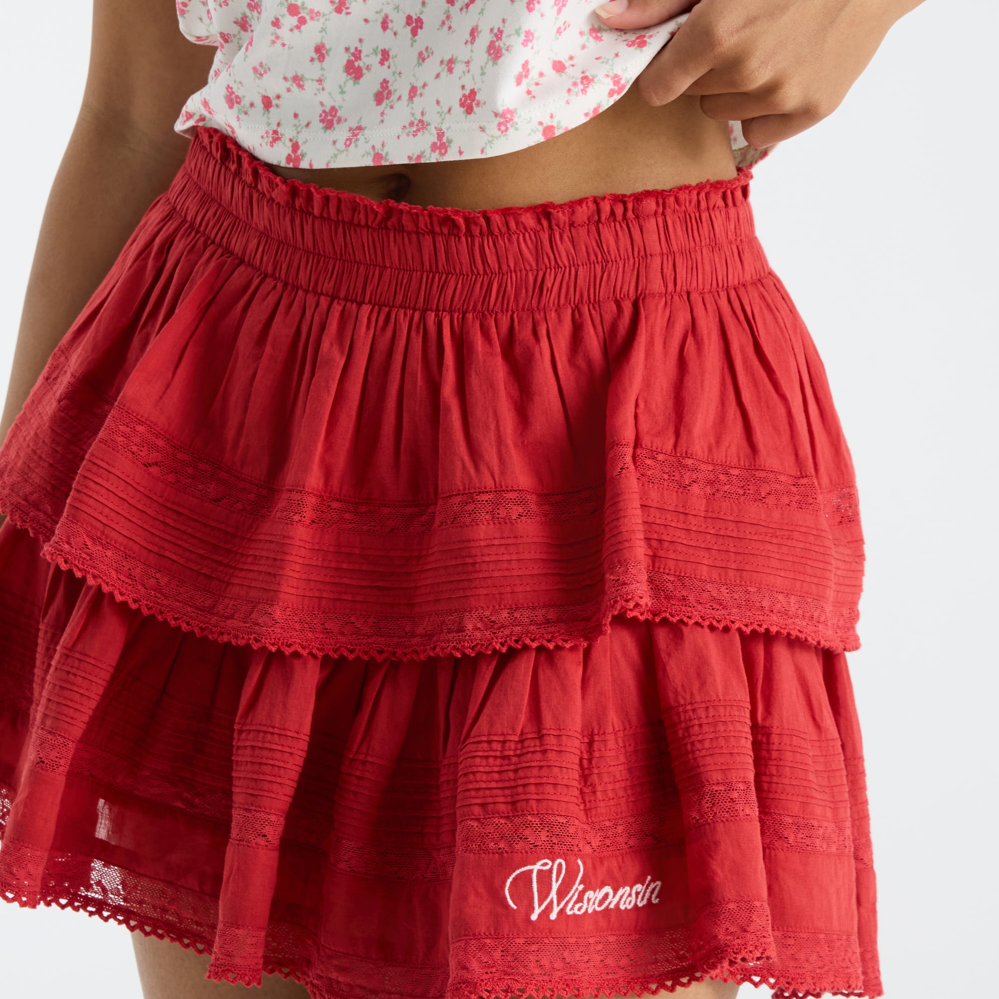 LoveShackFancy Women's Red Wisconsin Badgers Ruffle Mini Skirt