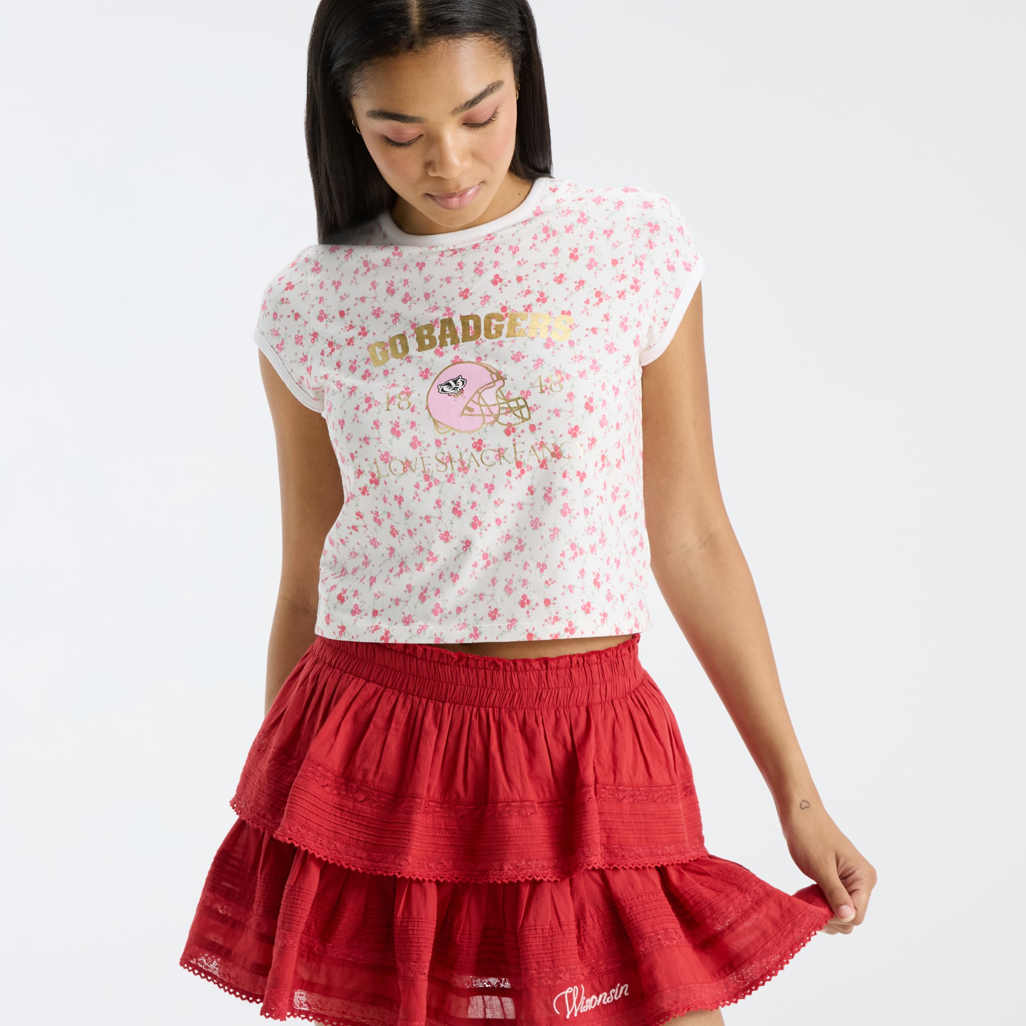 LoveShackFancy Women's Red Wisconsin Badgers Ruffle Mini Skirt