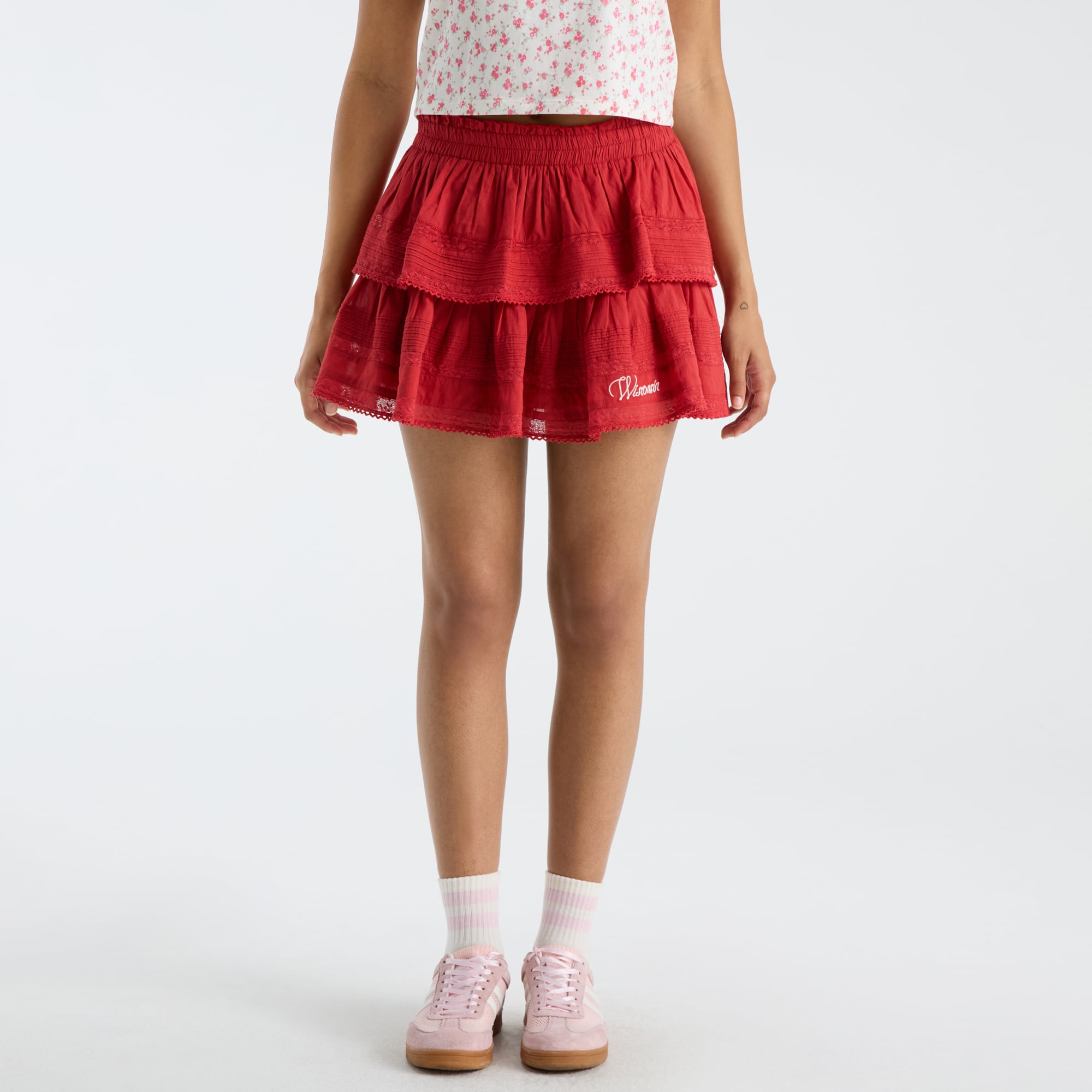 LoveShackFancy Women's Red Wisconsin Badgers Ruffle Mini Skirt