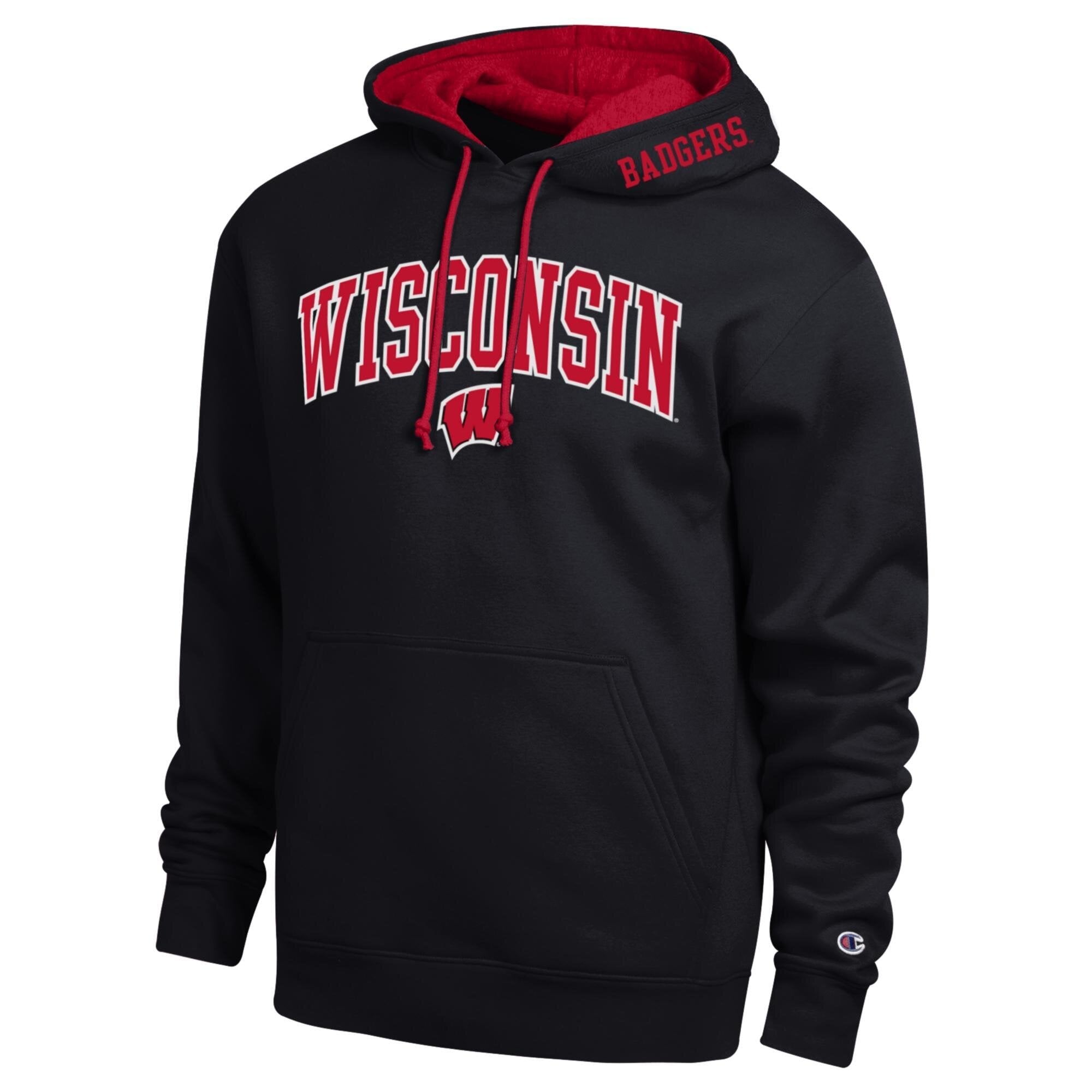 Men's Champion  Black Wisconsin Badgers Arch Tackle Twill Hoodie