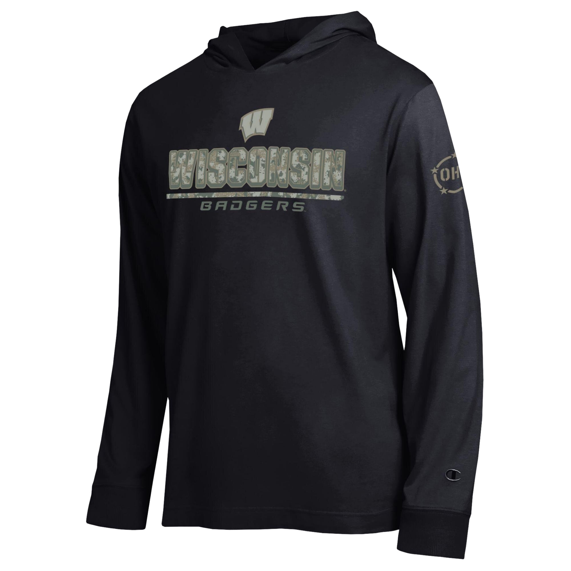 T-shirt à manches longues et capuche Champion Black Wisconsin Badgers Operation Hat Trick Camo Script pour homme