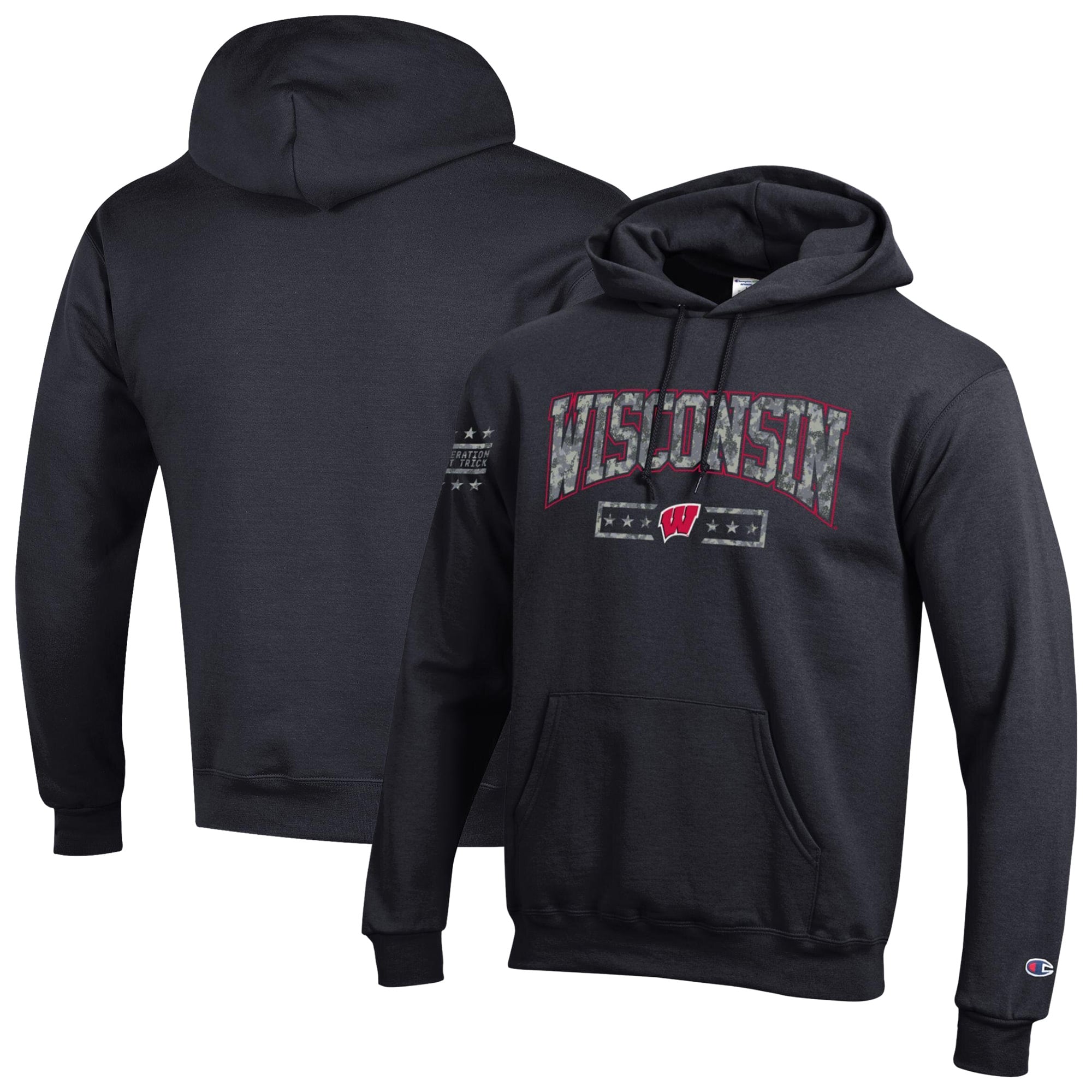 Sweat à capuche en polaire Powerblend Champion Black Wisconsin Badgers Operation Hat Trick Camo Script pour homme