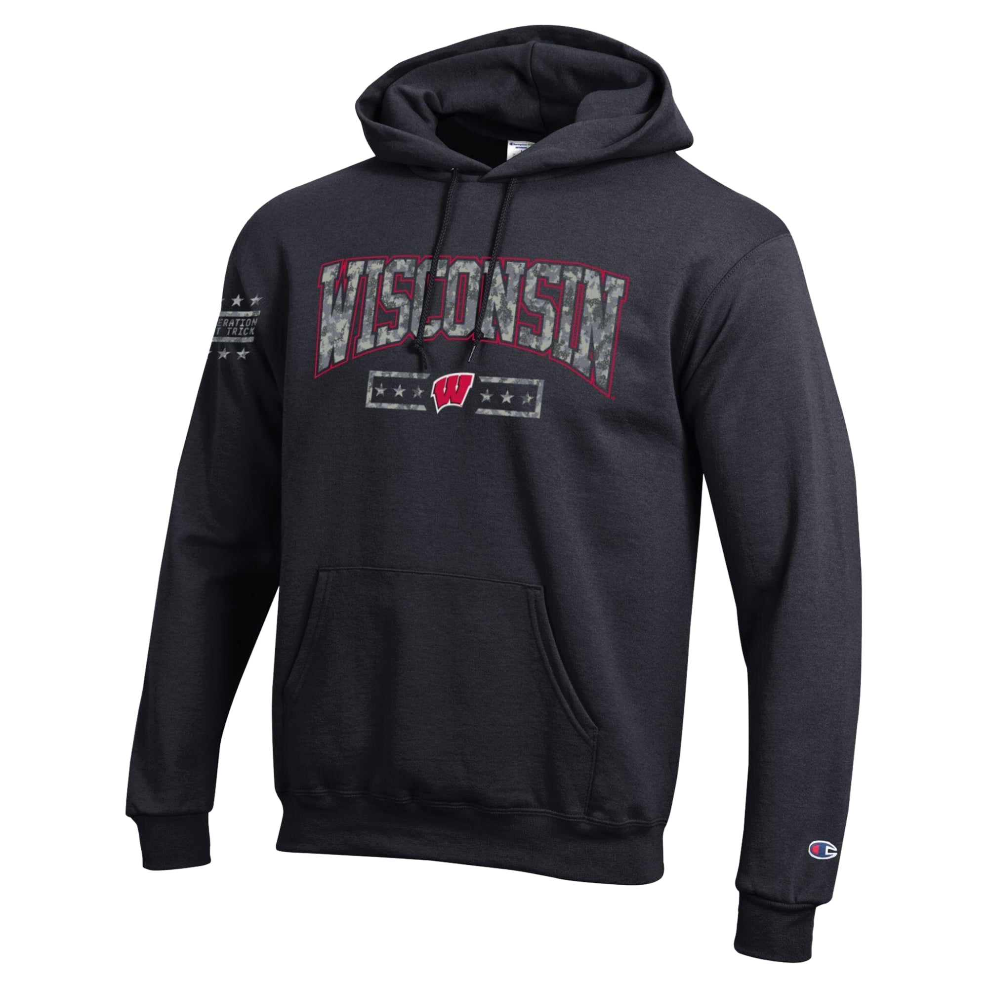 Sweat à capuche en polaire Powerblend Champion Black Wisconsin Badgers Operation Hat Trick Camo Script pour homme