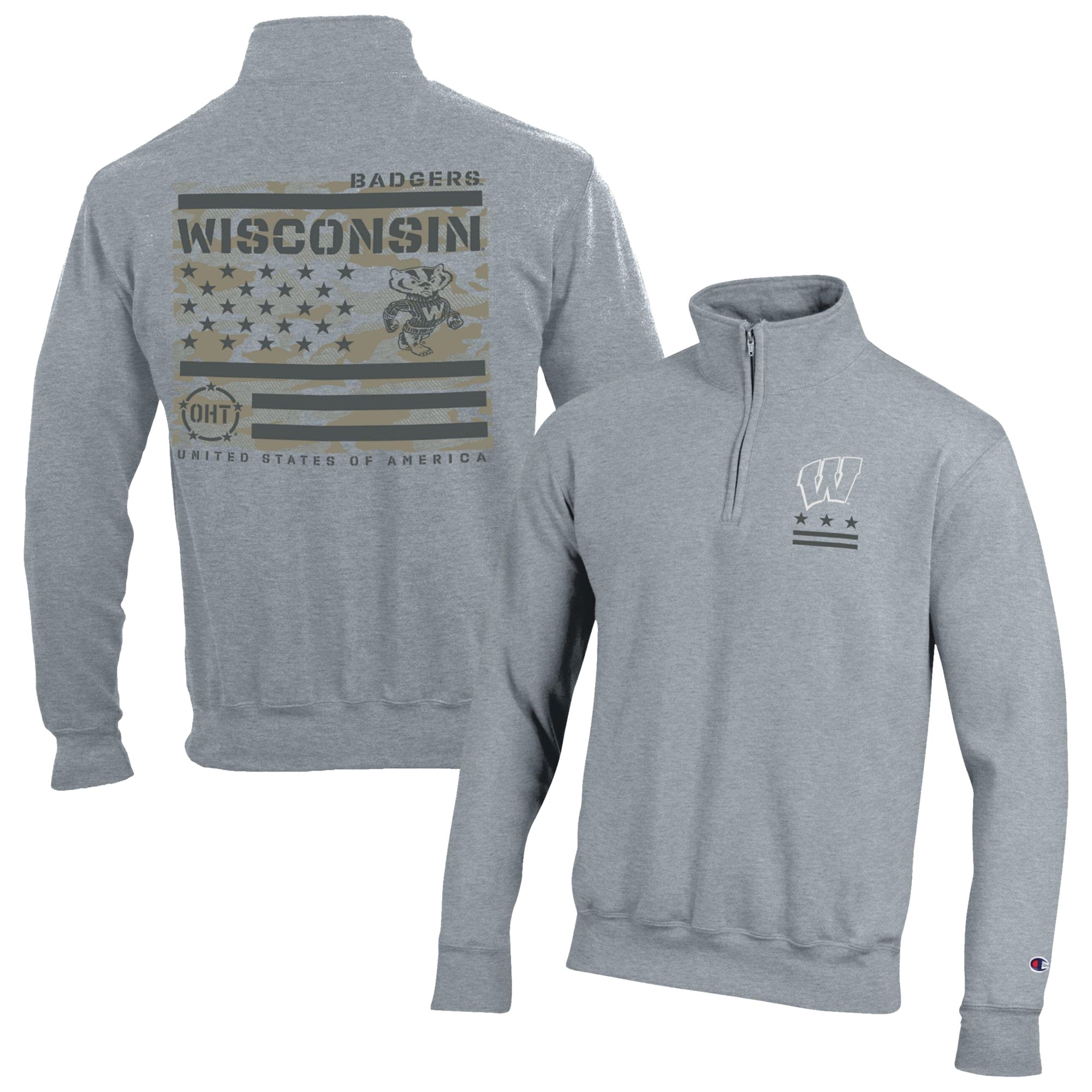 Men's Champion Gray Wisconsin Badgers Operation Hat Trick Flag Powerblend Fleece Quarter-Zip Pullover
