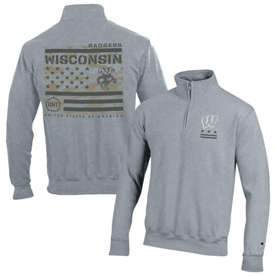  Wisconsin Badgers Champion Operation Hat Trick Flag Powerblend Fleece Quarter-Zip Pullover - Gray