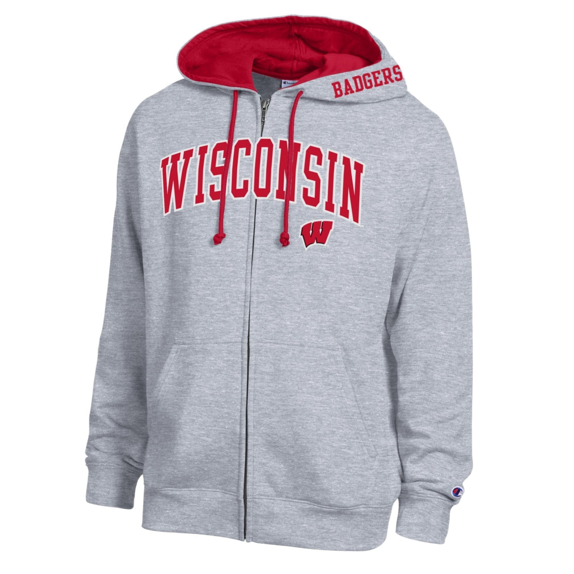 Sweat à capuche zippé en polaire Champion pour homme, gris chiné, avec logo forme d'arche des Wisconsin Badgers.