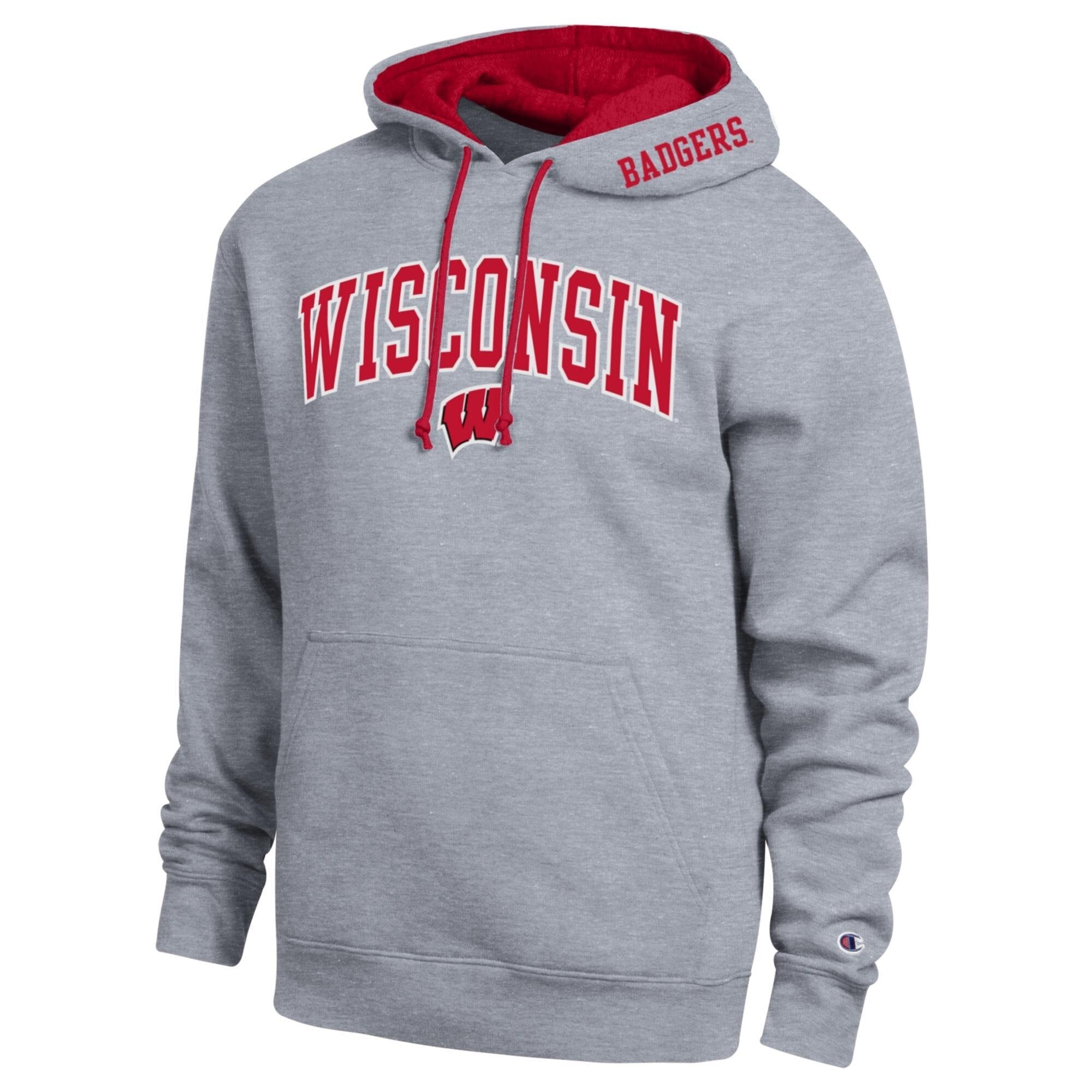 Men's Champion  Heather Gray Wisconsin Badgers Arch Tackle Twill Hoodie