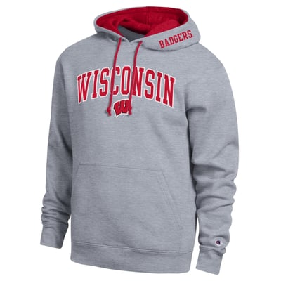  Wisconsin Badgers Champion Arch Tackle Twill Hoodie - Heather Gray