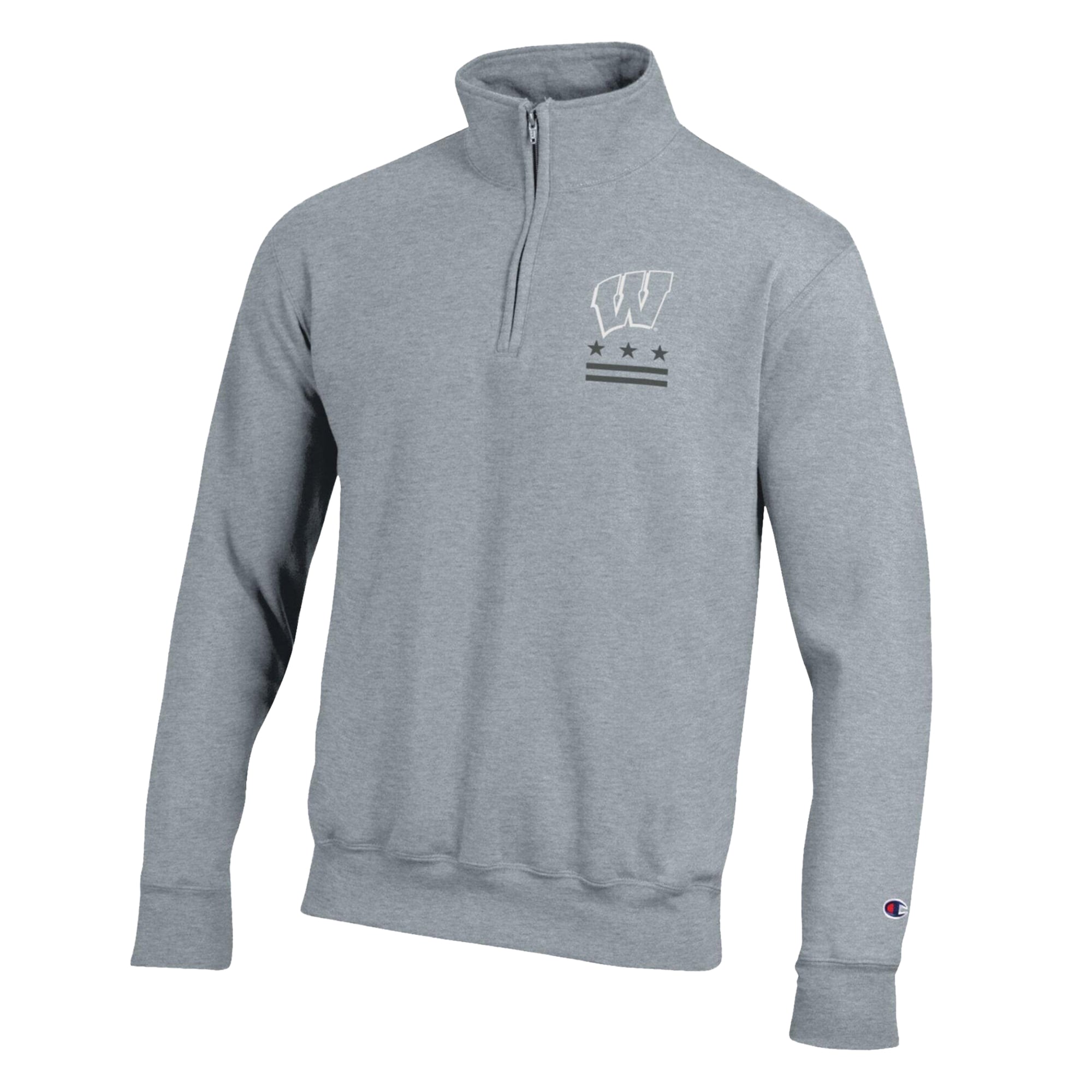 Pull-over à col zippé Champion pour homme, gris chiné, Wisconsin Badgers Operation Hat Trick Flag, en polaire Powerblend.