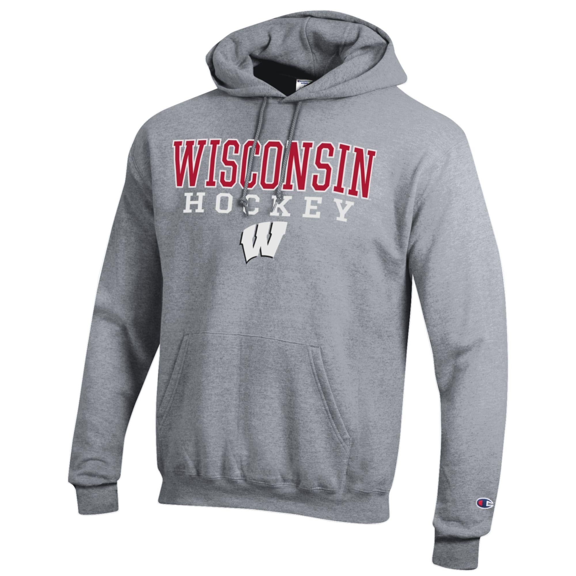 Sweat à capuche Champion pour homme, gris chiné, logo superposé Wisconsin Badgers, en Powerblend.