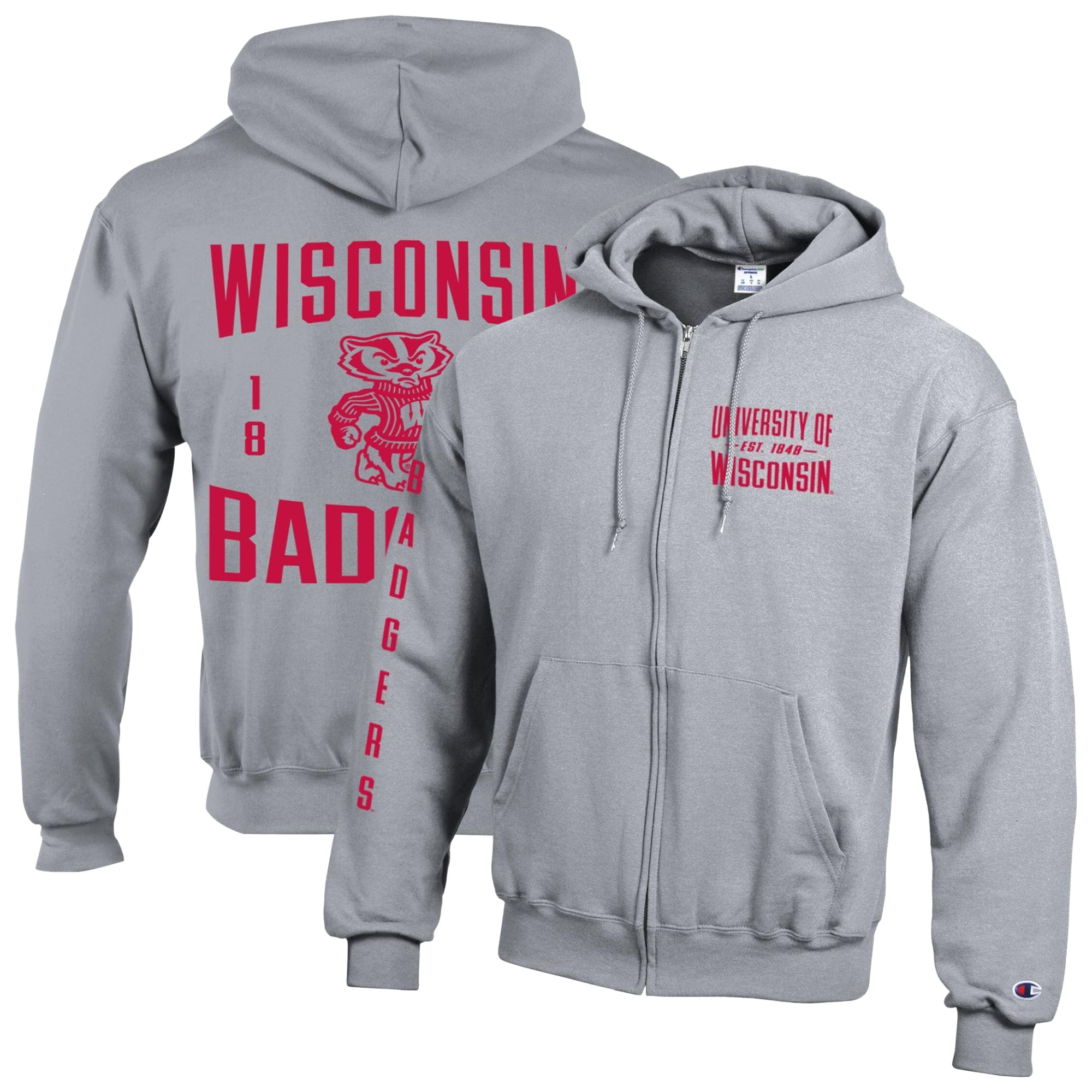 Men's Champion  Heather Gray Wisconsin Badgers Varsity Powerblend Full-Zip Fleece Hoodie