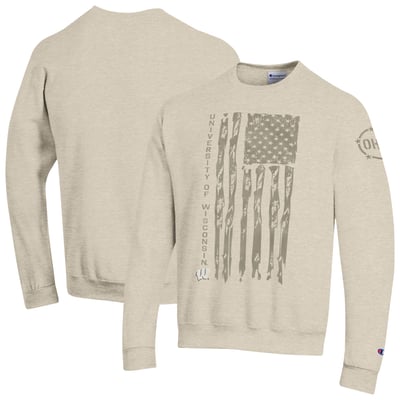  Wisconsin Badgers Champion Operation Hat Trick Flag Fleece Crewneck Sweatshirt - Oatmeal