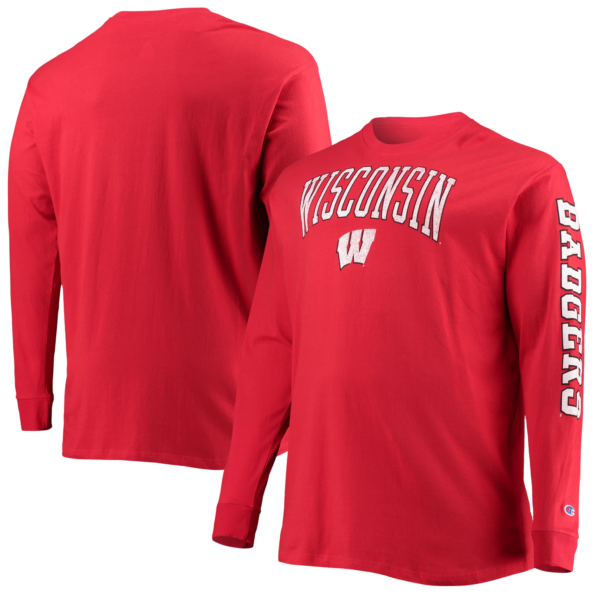 T-shirt à manches longues Champion Red Wisconsin Badgers pour hommes, grandes tailles, logo en arc sur le dessus