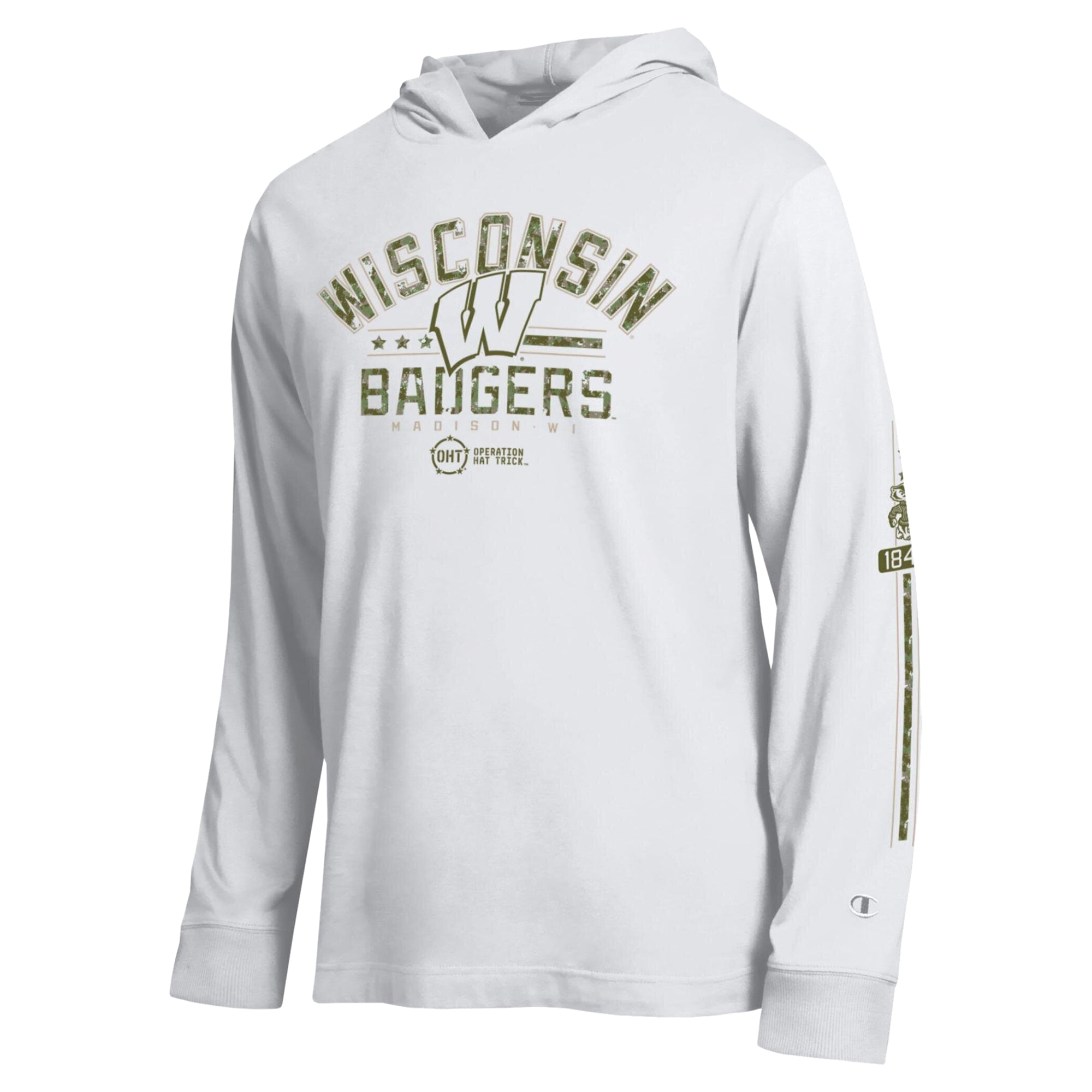 T-shirt à manches longues et capuche Champion White Wisconsin Badgers Operation Hat Trick pour homme