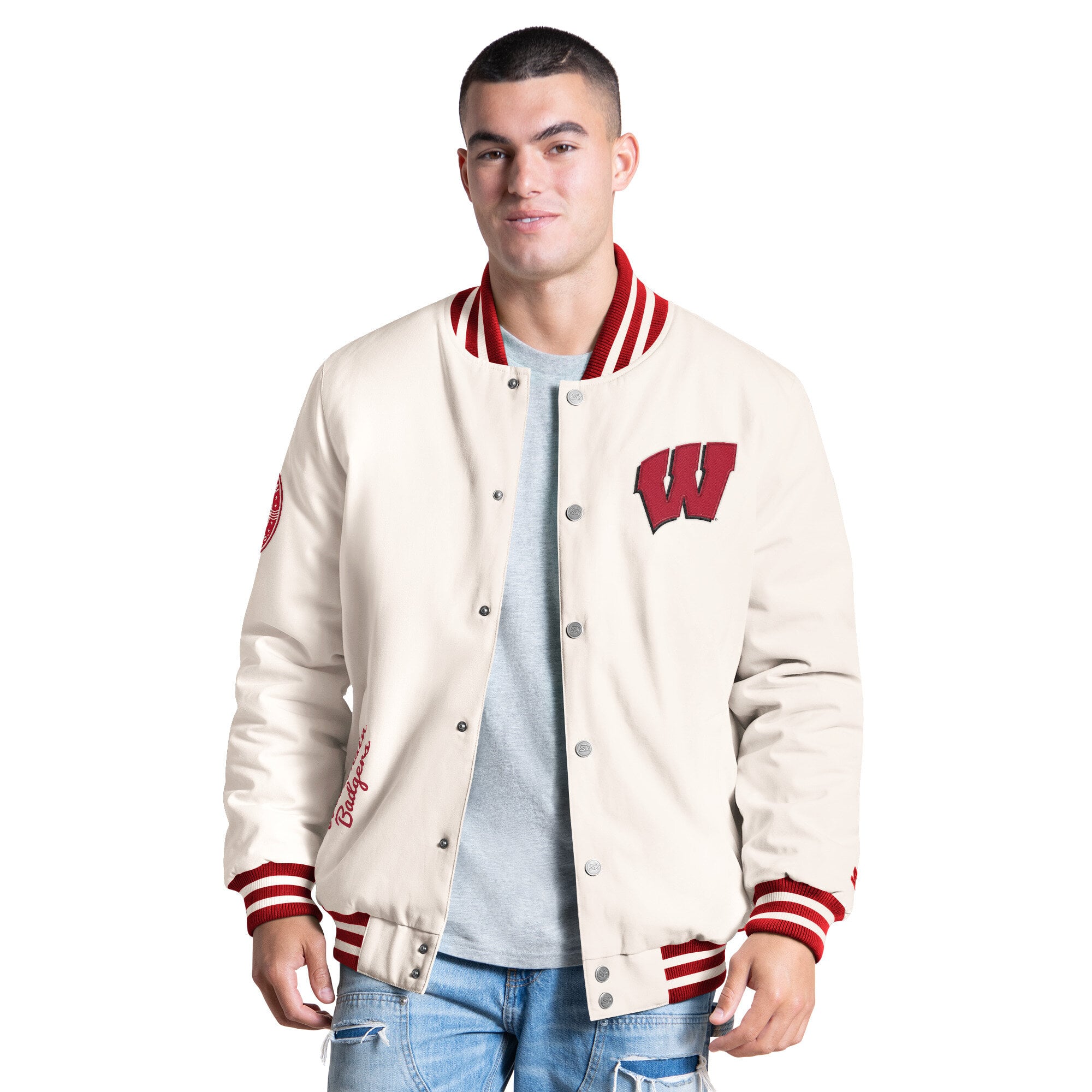 Men's Starter White Wisconsin Badgers Spectator Varsity Full Snap Jacket
