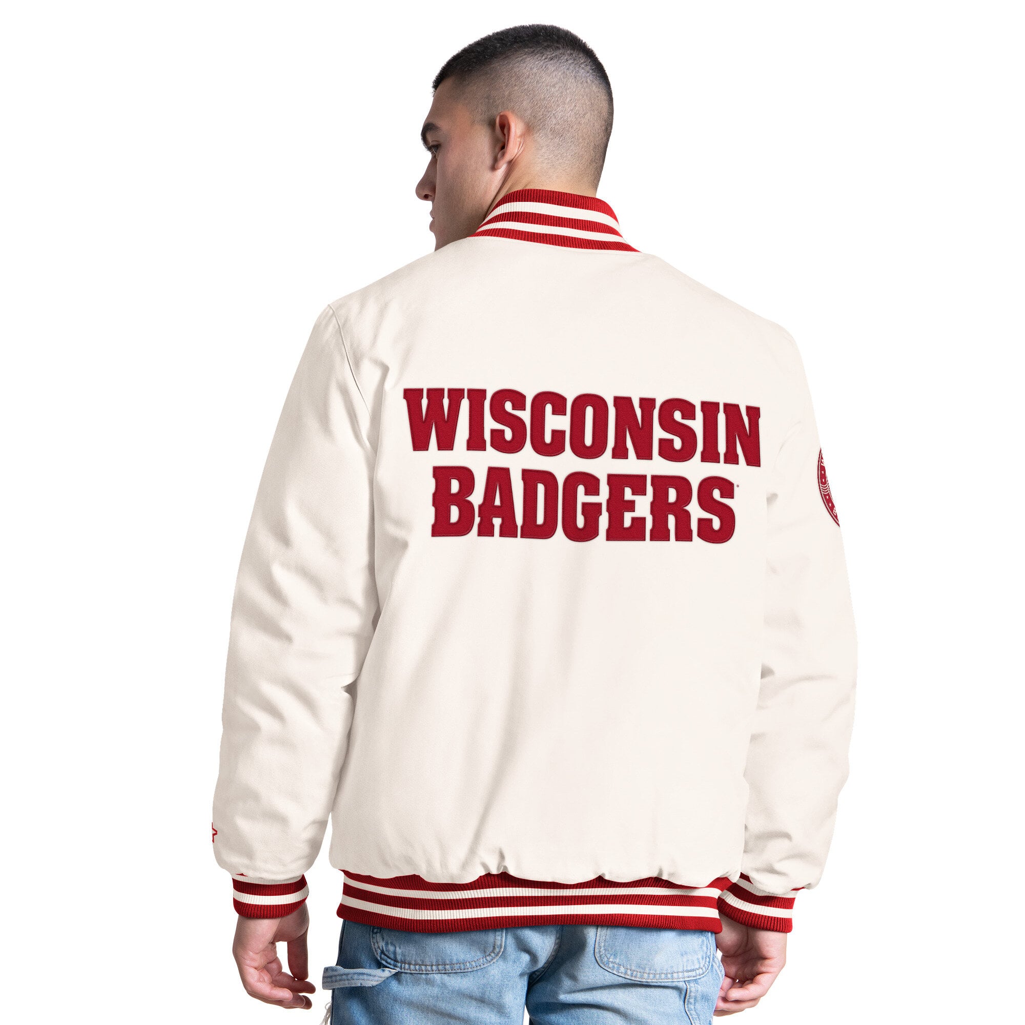 Men's Starter White Wisconsin Badgers Spectator Varsity Full Snap Jacket