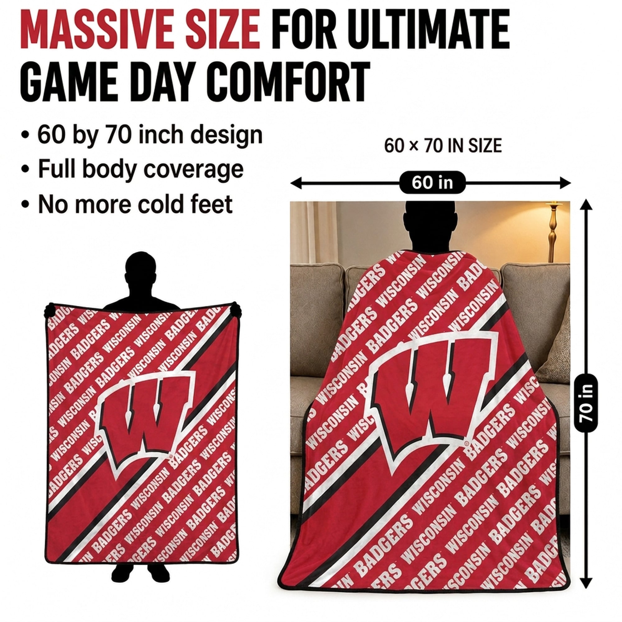 Couverture ultra douce Pegasus Wisconsin Badgers 60" x 70" (diagonale) avec logo doublé